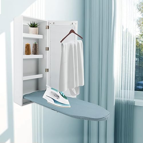 Miniatura 6 de Tabla de planchar montada en la pared con armario de almacenamiento, tabla de planchar giratoria integrada con estante de 3 niveles y espejo de