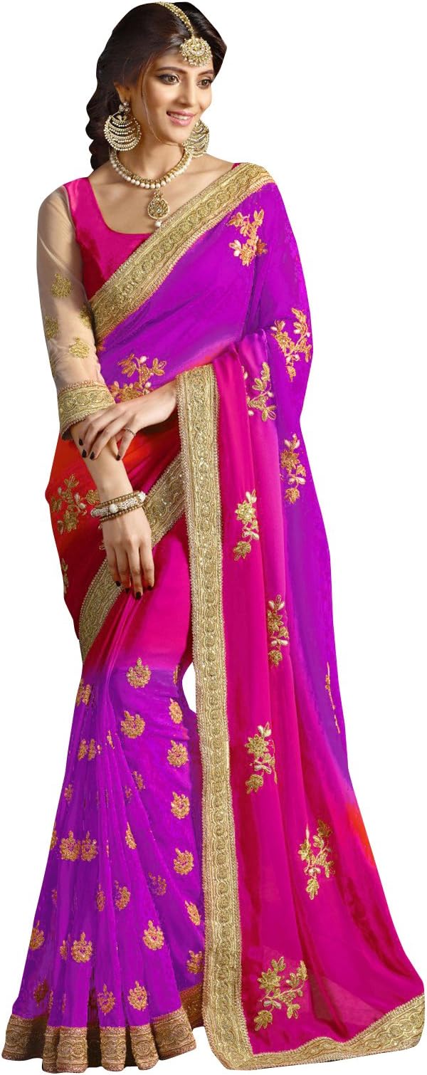 Velina Designer Indian Ethnic Party wear Women's Saree with Blouse in Georgette Designer Saree-1538 (Pink and Purple)
