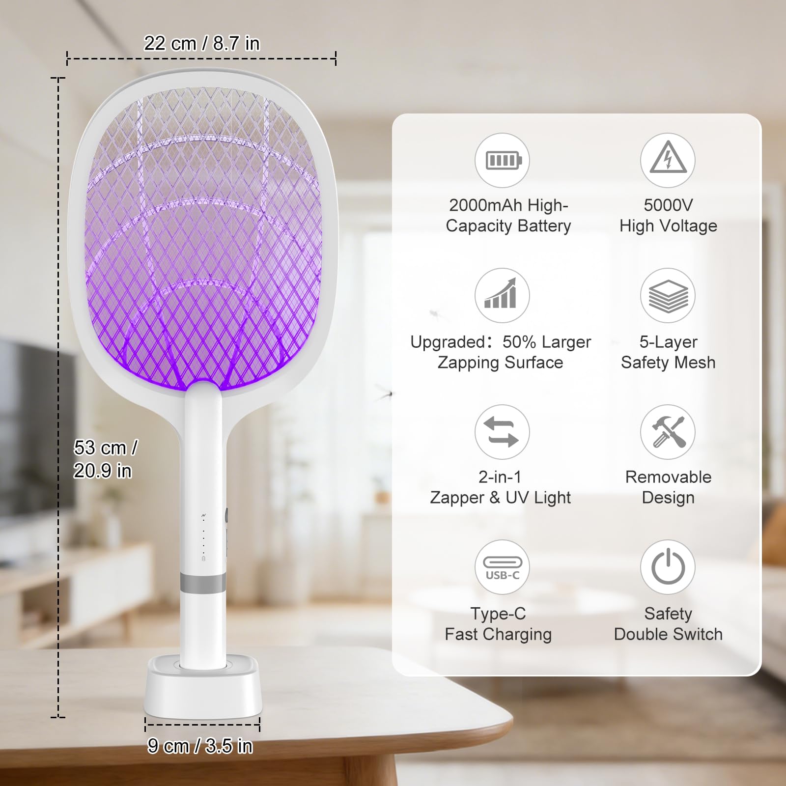 Elektrische Fliegenklatsche 5000V, 2 in 1 USB Type-C Elektrische Mückenklatsche mit Akku Wiederaufladbar & UV Lichtfalle für Mücken, Fliegen, Wespen, Motten