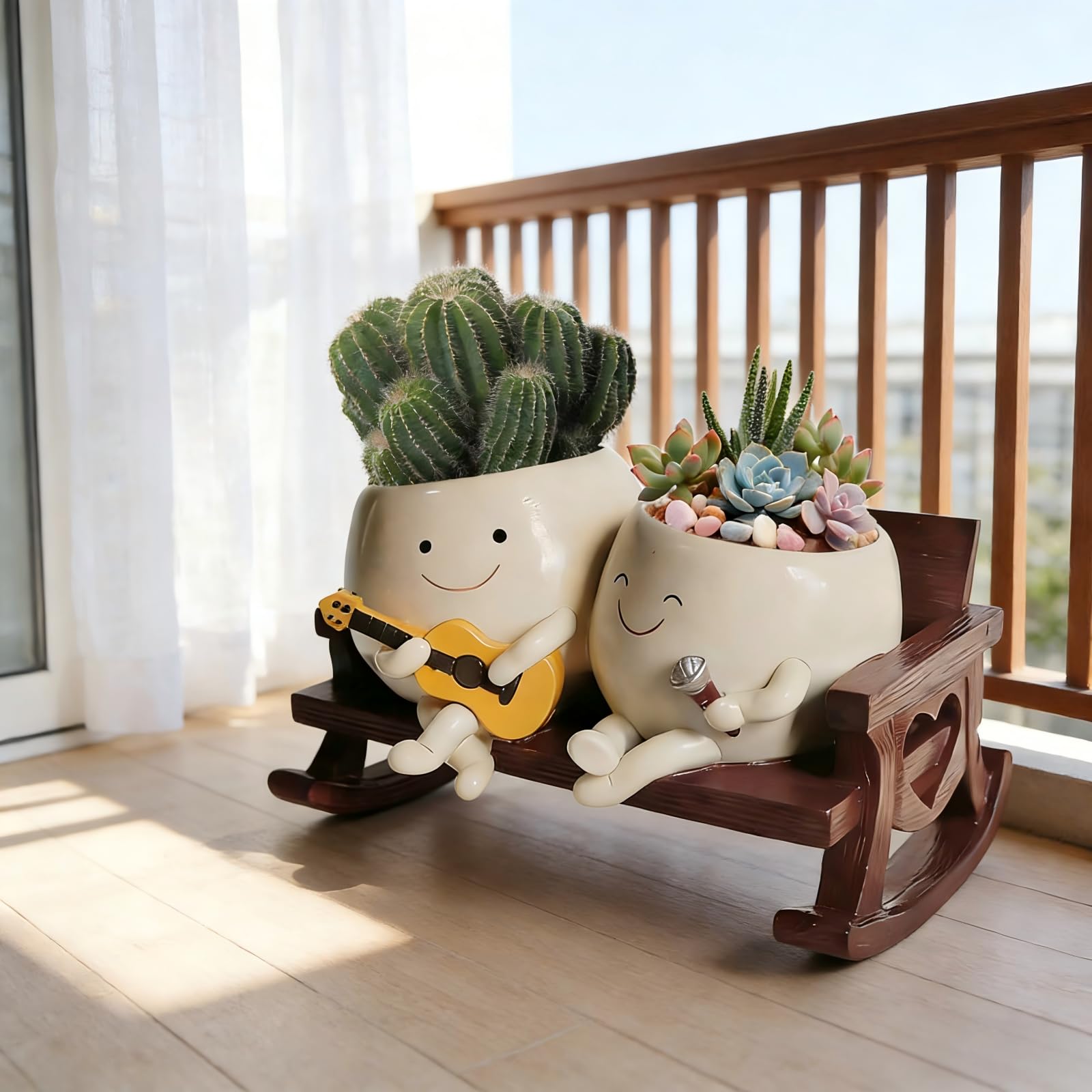 Photo 1 of *** CHIPPED CORNER ***ERRSOU Smiley Face Planter Pot, Cute Funny Heart Rocking Chair Double Head Face Planter Pot with Unique Guitar and Microphone for Indoor Outdoor, Succulent Flower Pots with Drainage Hole