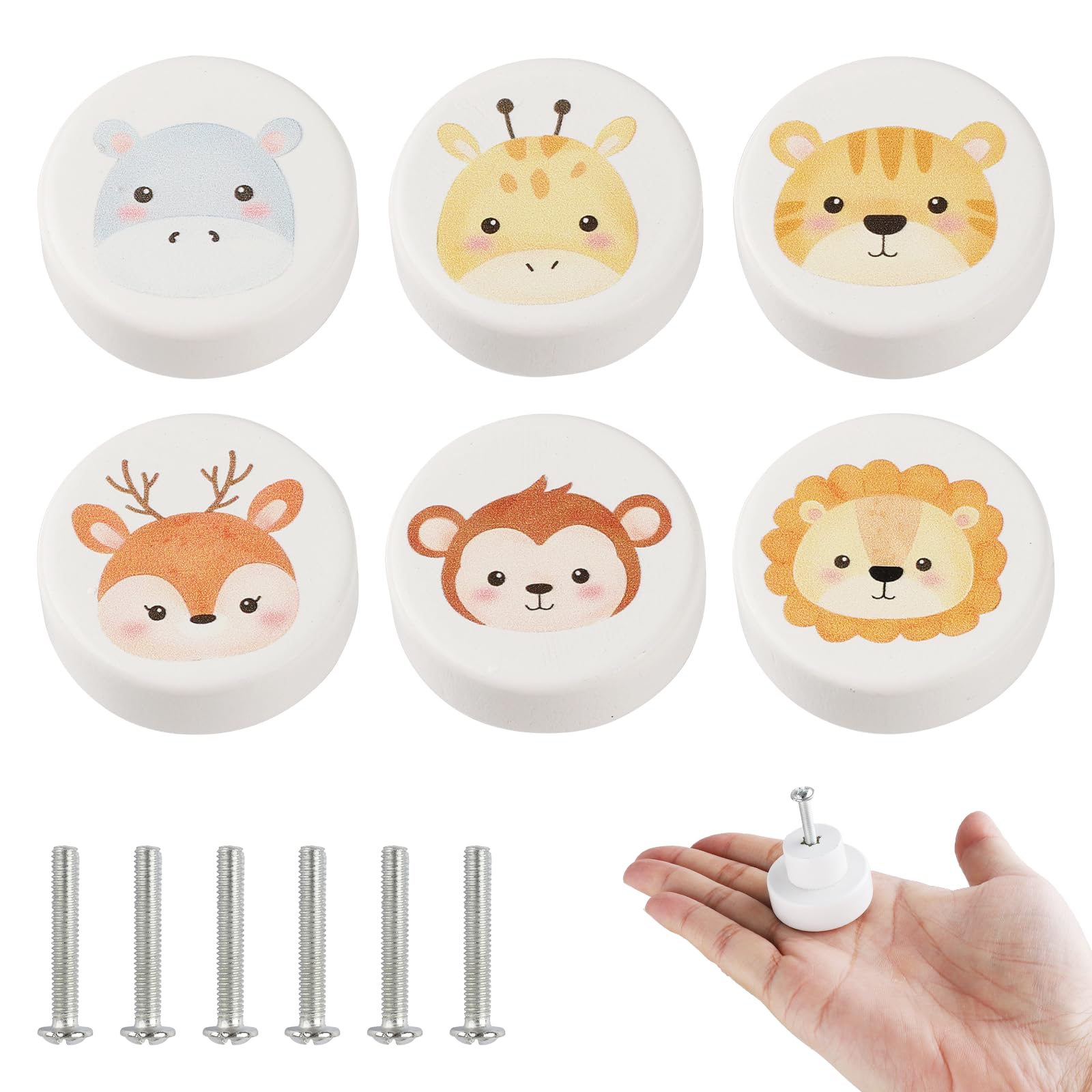 ZoeWei Drawer Knobs, 6PCS Wooden Cute Animals Cabinet Knobs with Screws Round Cupboard Dresser Handle Furniture Pull Handle for Kids Room Nursery Cabinet Closet