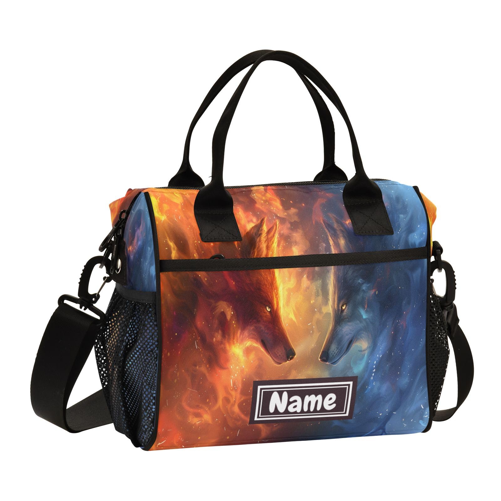 Custom Insulated Lunch Bag A Wolf Composed of Starry Sky and A Wolf Composed of FlamesCooler Tote Bag Organizer with Adjustable Shoulder Strap Reusable Lunch Box for School Kids