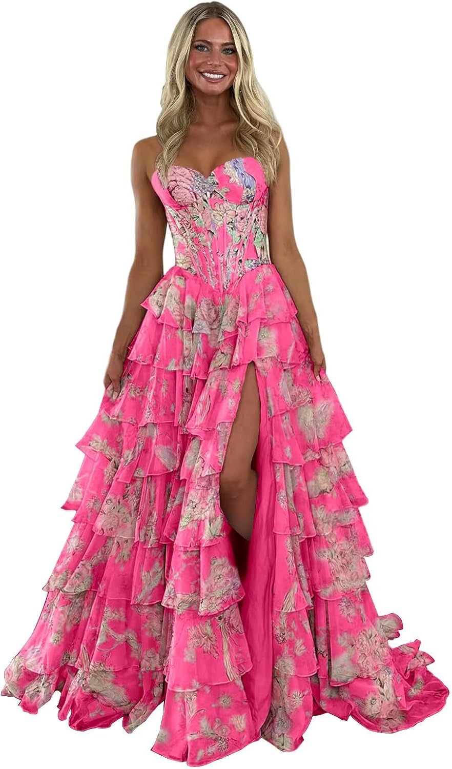 UZN Strapless Floral Prom Dresses 2026 Tiered Corset Formal Evening Party Gowns Long with Slit