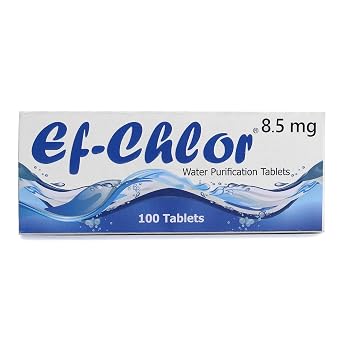 Ef-Chlor Water Purification Tablets 8.5 mg   100 Tablets   Treats Up to 200L   Camping, Travel, Emergency Use   Purifies Cloudy or Clear Water in 30 Minutes