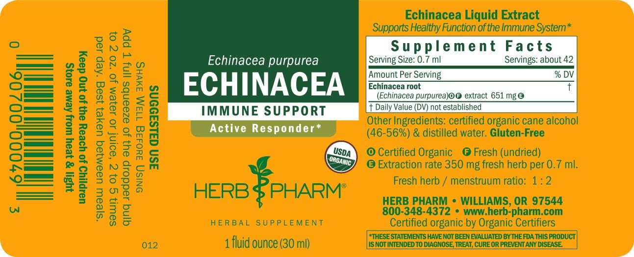 Herb Pharm Certified Organic Echinacea Root Liquid Extract for Immune System Support, Organic Cane Alcohol, 1 Ounce (DECH01)