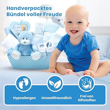 baby box shop – 14 baby gifts for birth young ideal for babypartys gifts for babypartys with new baby-essentials for newborn boys and a blue plush-teddy bear