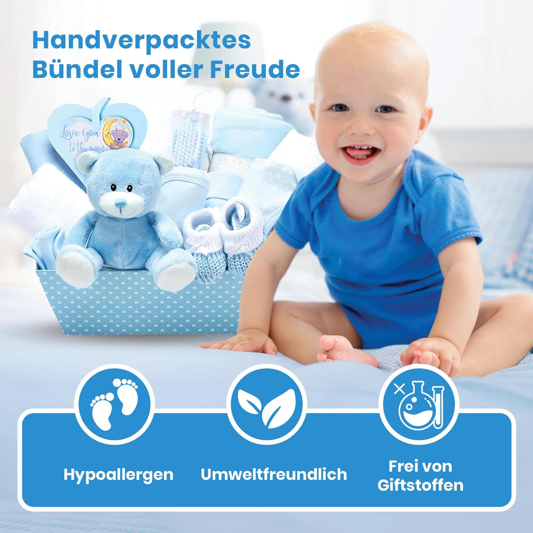 Baby Box Shop – 14 Babygeschenke zur Geburt Junge, ideal für Babypartys, Geschenke für Babypartys, mit neuen Baby-Essentials für Neugeborene Jungen und einem blauen Plüsch-Teddybären