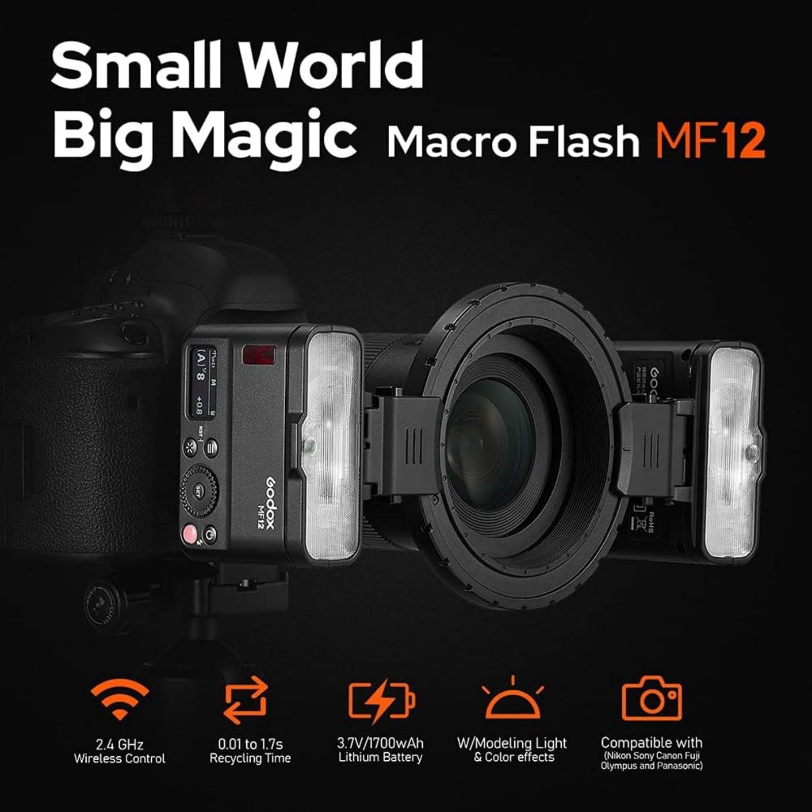 Godox MF12 Kit2 Flash Macro TTL Anello Wireless 2,4GHz con Batteria Integrata, 500 Flash a Potenza Piena, Potenza 1/128–1/1, Filtri Inclusi, Compatibile con Canon Sony Nikon Fujifilm Olympus Panasonic