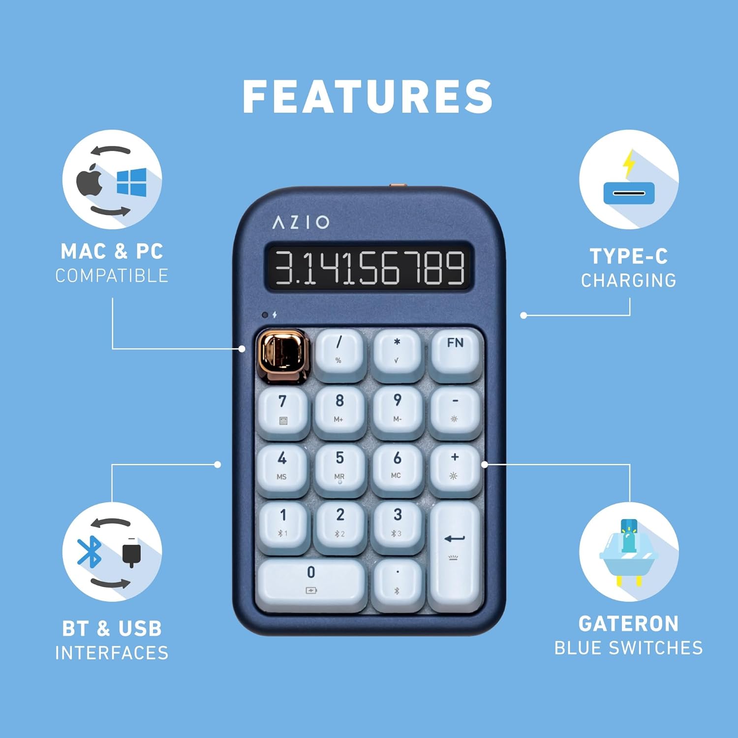 AZIO IZO Wireless Mechanical Calculator & Number Pad - Bluetooth 5.0 & USB, Gateron-Blue Mechanical Switch, 9 Backlight Modes, Rechargeable, PC & Mac Compatible, Blue Iris (IN105)