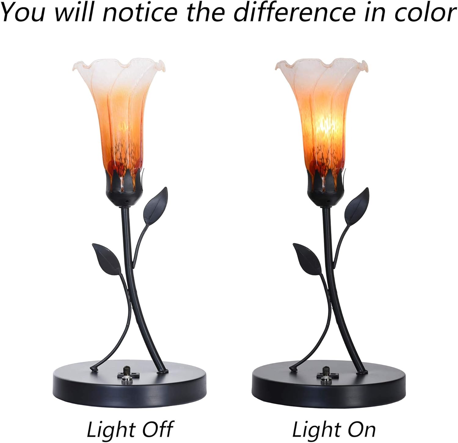 Bieye L10787 Lily Flower Tiffany Style Blown Glass Bedside Table Lamp with USB Ports 4 inches Wide Lampshade for Living Room Bedside Home Decoration, 11.5 inches Tall