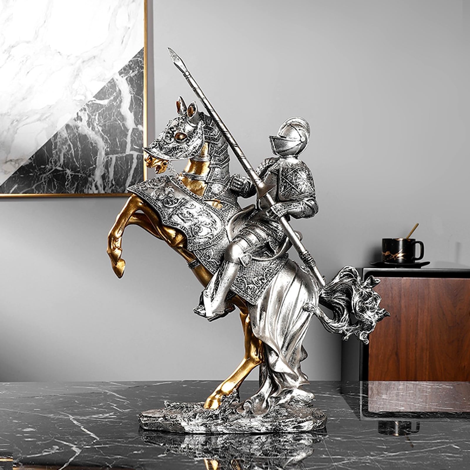 dekoracja biurka rycerz brązowy koń wojenny statuetka wojownika figurka 42 cm kolekcja legendarna średniowieczna rzeźba rycerza, szermierz strażnik wojownik, figurka artystyczna kolekcja prezentów dla