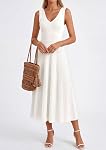 PRETTYGARDEN Robes d'été pour femmes 2026 Printemps Casual Sans manches V Col plissé Midi travail Cocktail robe d'invité de mariage