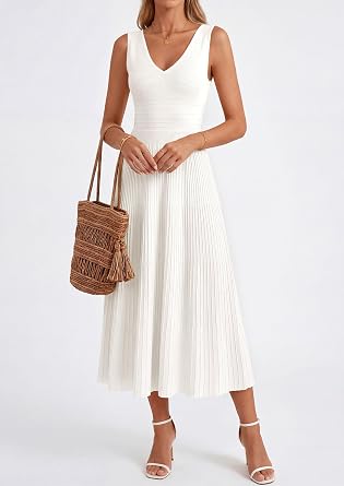 PRETTYGARDEN Women's Summer V Neck Pleated Midi Dress | Sleeveless A-Line Long Dresses, Elegant Semi Formal Spring Dress for Work, Wedding Guest, Cocktail, Casual Vacation Outfits