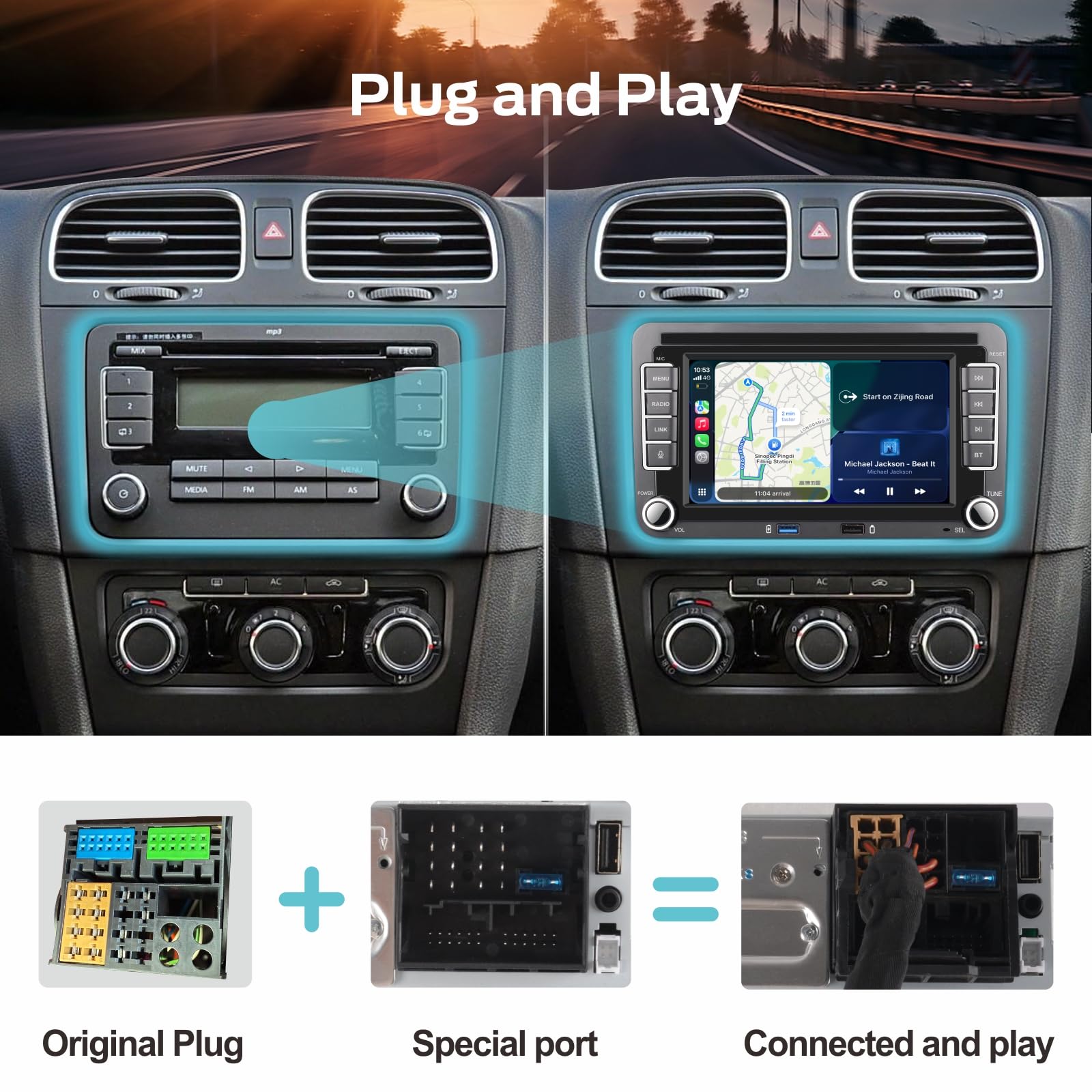 Autoradio Linux per VW Golf 5 6 Passat Polo RCD330 con CarPlay Wireless e Android Auto, avvio in 2 secondi, comandi fisici tramite manopola, audio di livello OEM, Plug & Play Porta Quadlock