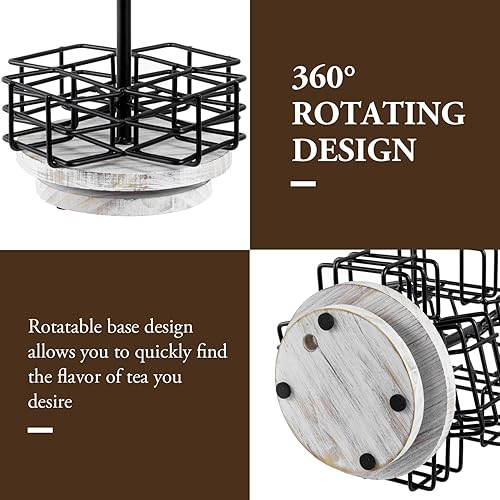 Miniatura 9 de MyGift Estante organizador de bolsas de té estilo carrusel de 8 compartimentos, cestas industriales de alambre de metal negro mate y base rústica de