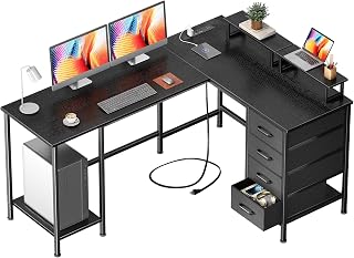 Korfile 59 Inch L-Shaped Computer Desk with Power Outlets, 4 Fabric Drawers & Dual Monitor Stands - Black Gaming Home Office Desk