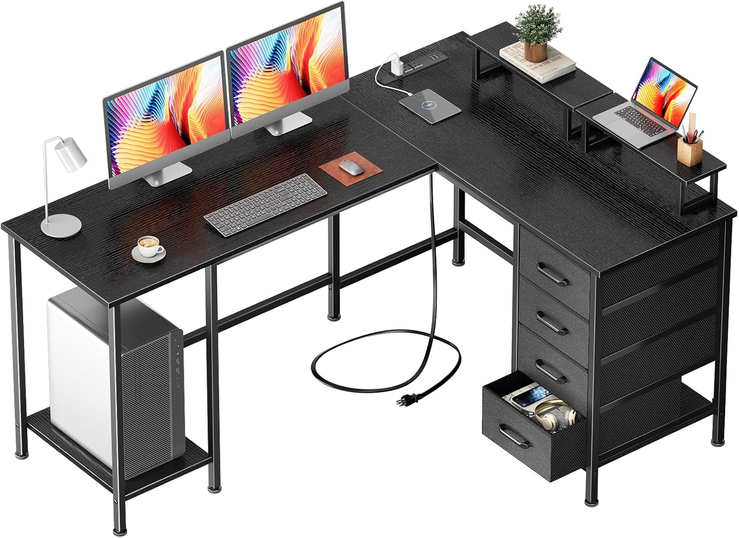 59 inch L Shaped Computer Desk with Power Outlets, Home Office Desk with 4 Adjustable Storage Drawers & 2 Monitor Stands, Two Person Gaming Table for Bedroom, Black