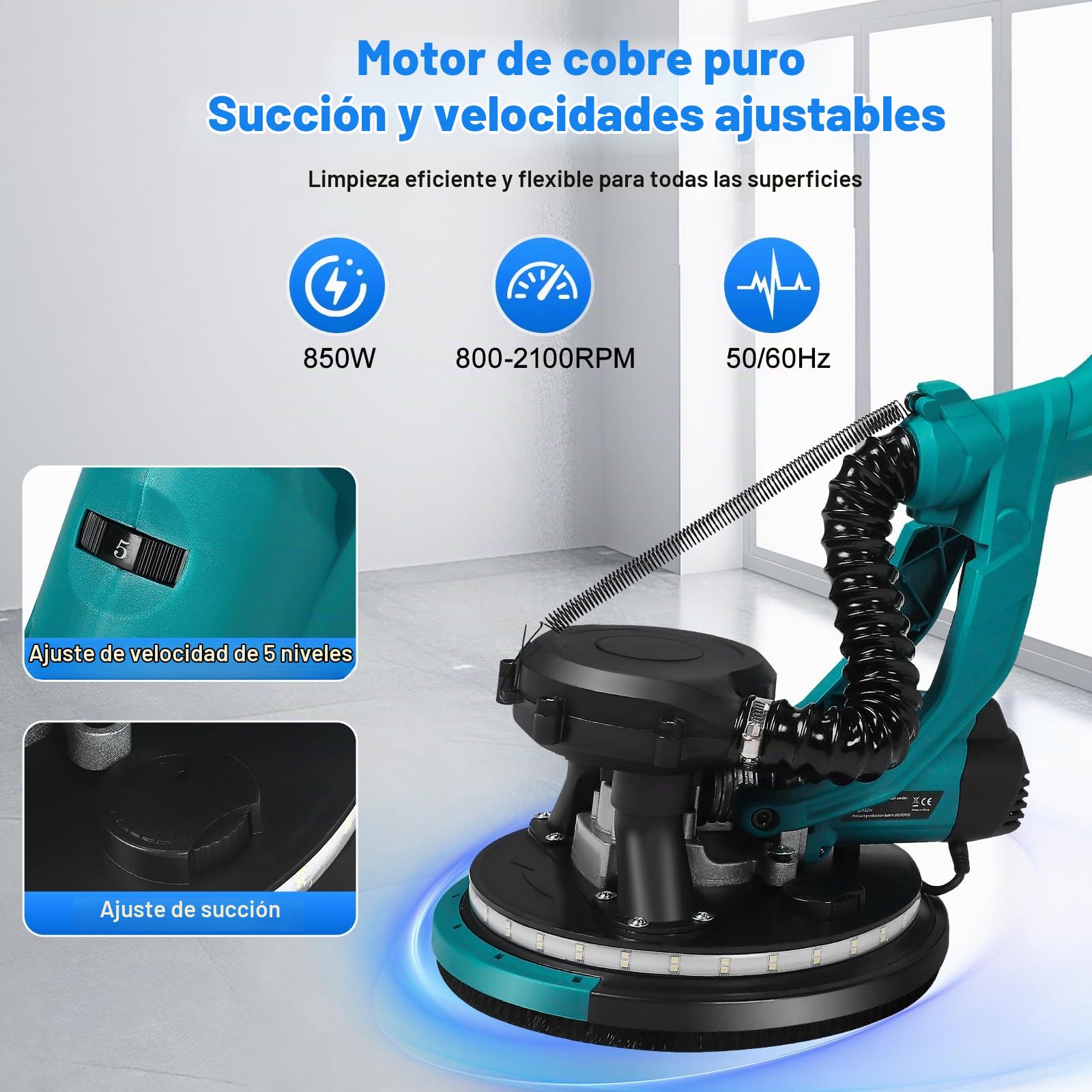 Lijadora para pared 850 W con jirafa telescópica, 5 velocidades ajustables (800-2100 rpm), cabezal de rectificado Ø 215 mm inclinable a 90° y luz LED