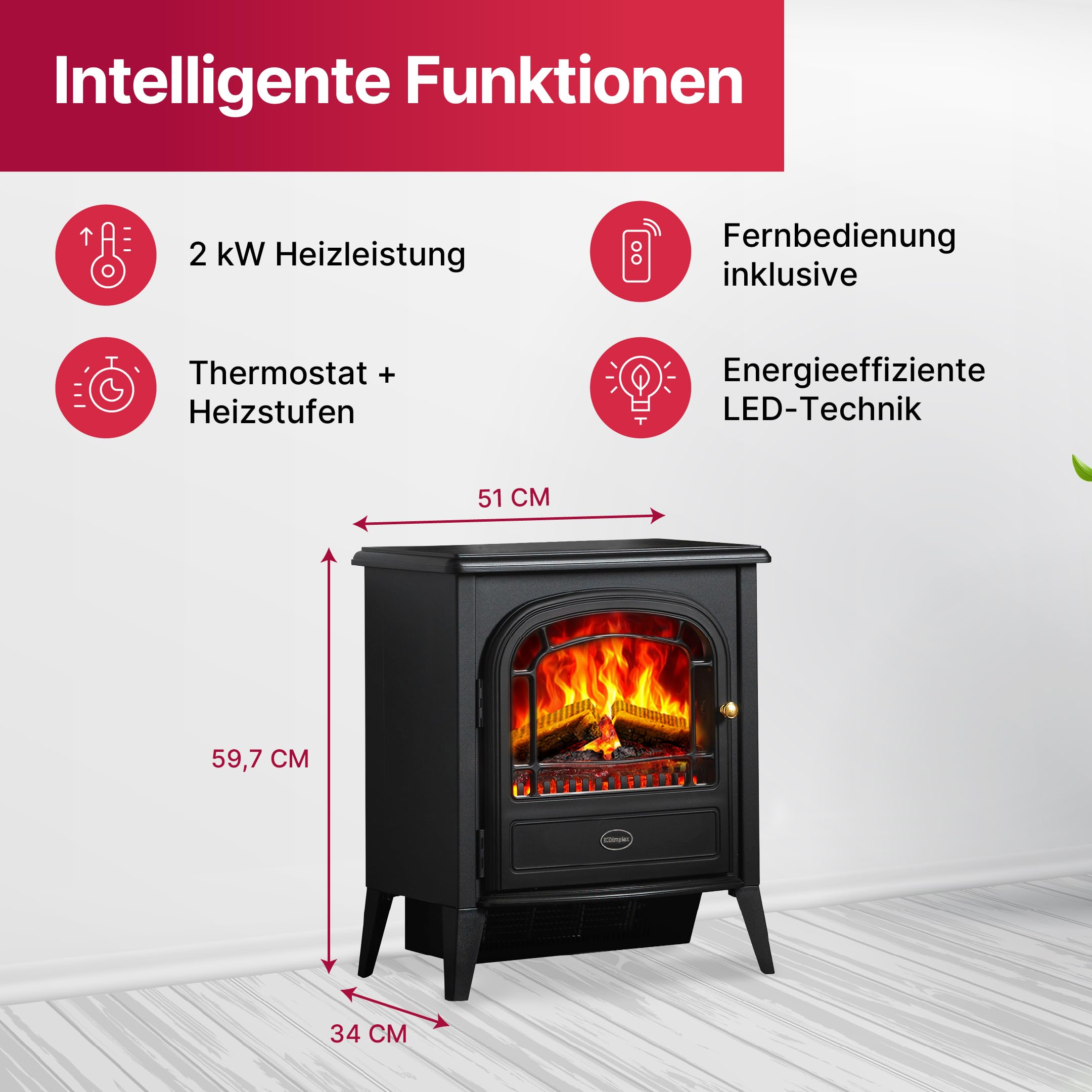 Dimplex Club Elektrokamin - Freistehender Elektrischer Kamin mit Holzscheit- Glutbett und Optiflame LED-Flammeneffekt - Zuschaltbarer 2kW Heizlüfter - Inklusive Fernbedienung