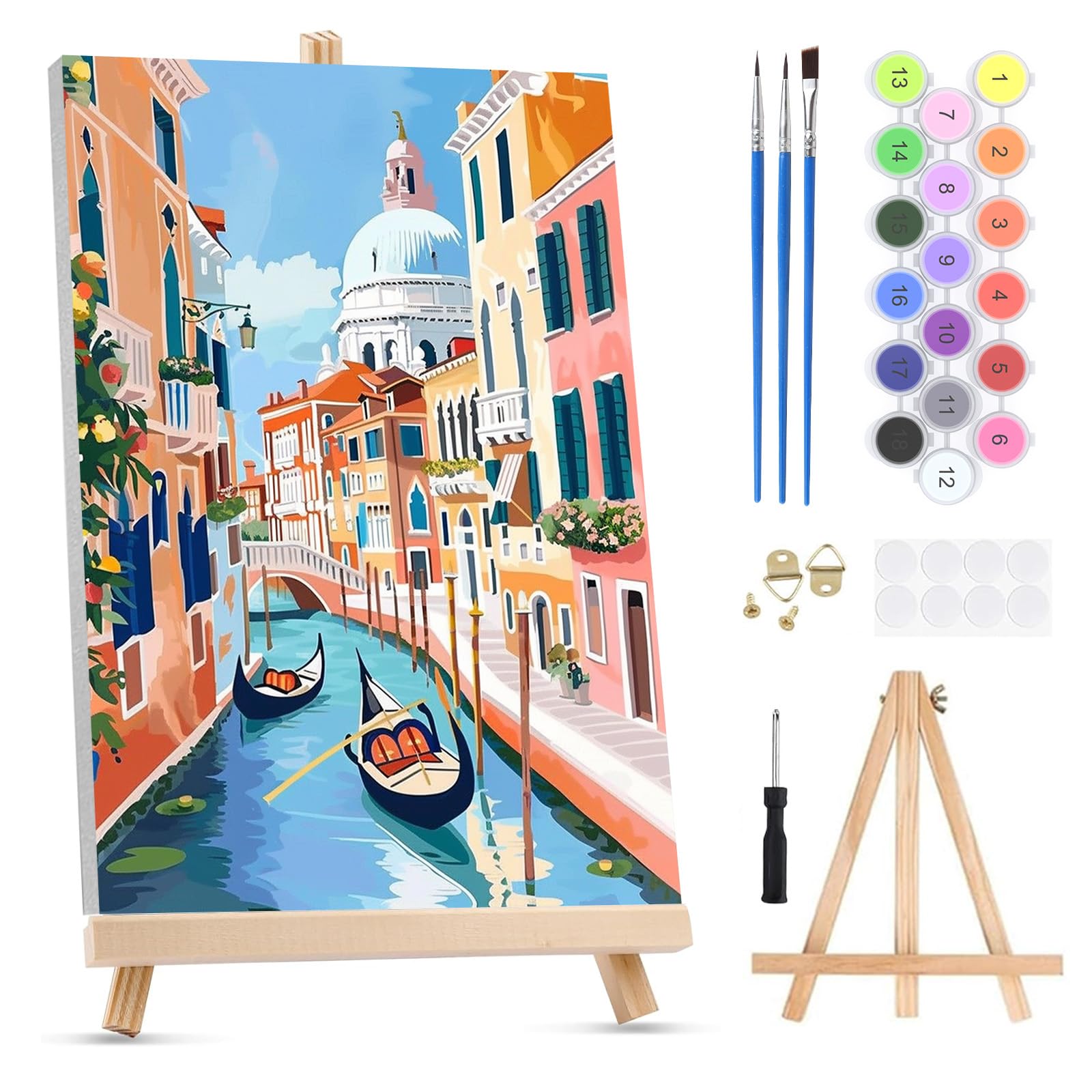 QENSPE Paint by Numbers for Adults on Framed Canvas - with Wooden Easel, Venice Painting by Number Kit for Beginners, DIY Italy Acrylic Oil Painting for Home Wall Decor 8x12 Inch