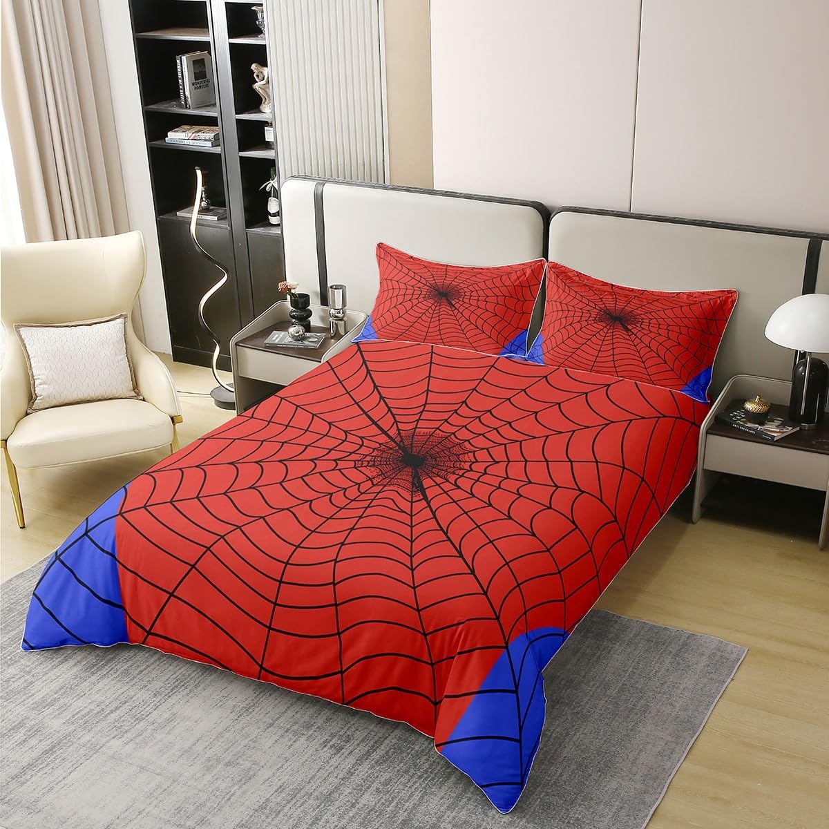 Castle Fairy Spider Web Duvet Cover Nature Cotton Twin for Teens Youth,Boys Girls Halloween Spider Red Blue Comforter Cover (Not Comforter),Cartoon Abstract Spider Web Lines Super Soft Bedding