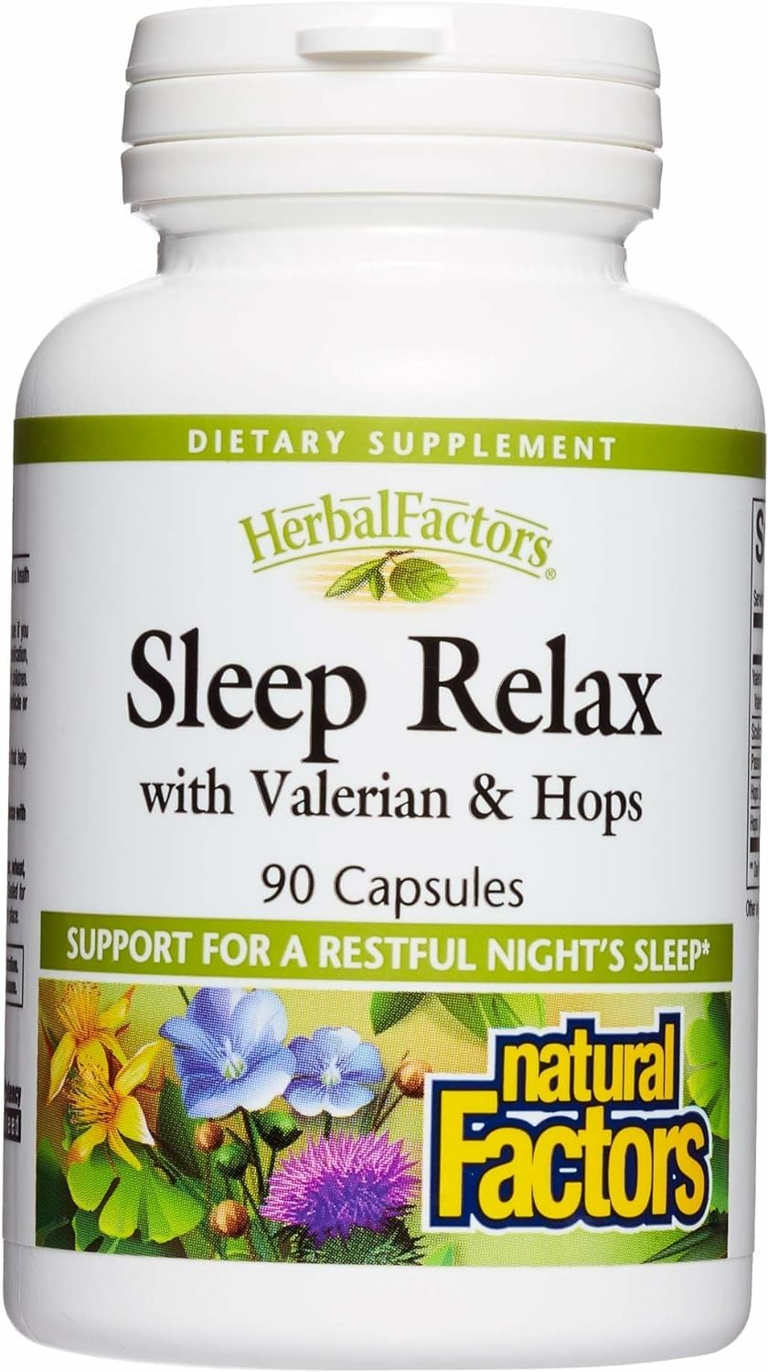 Herbal Factors Sleep Relax Formula by Natural Factors, Natural Sleep Aid with Valerian Root, Passion Flower and Skullcap, Non-GMO, 90 capsules (90 servings)