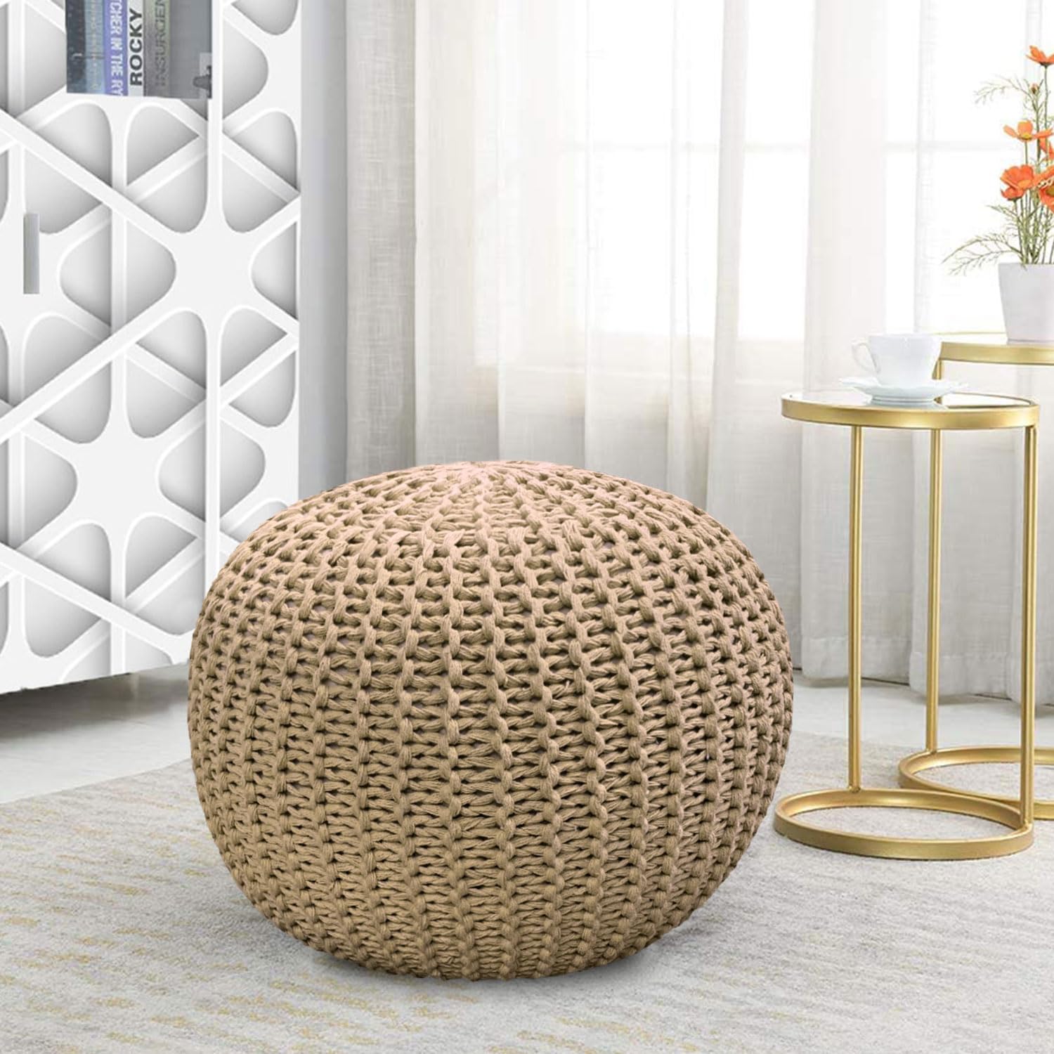 Amazon Brand - Umi Ottoman Puff Round Cotton (40x40x30 cm) Hand Knitted Pouffe for Living Room (Cappuccino, Pack of 1)