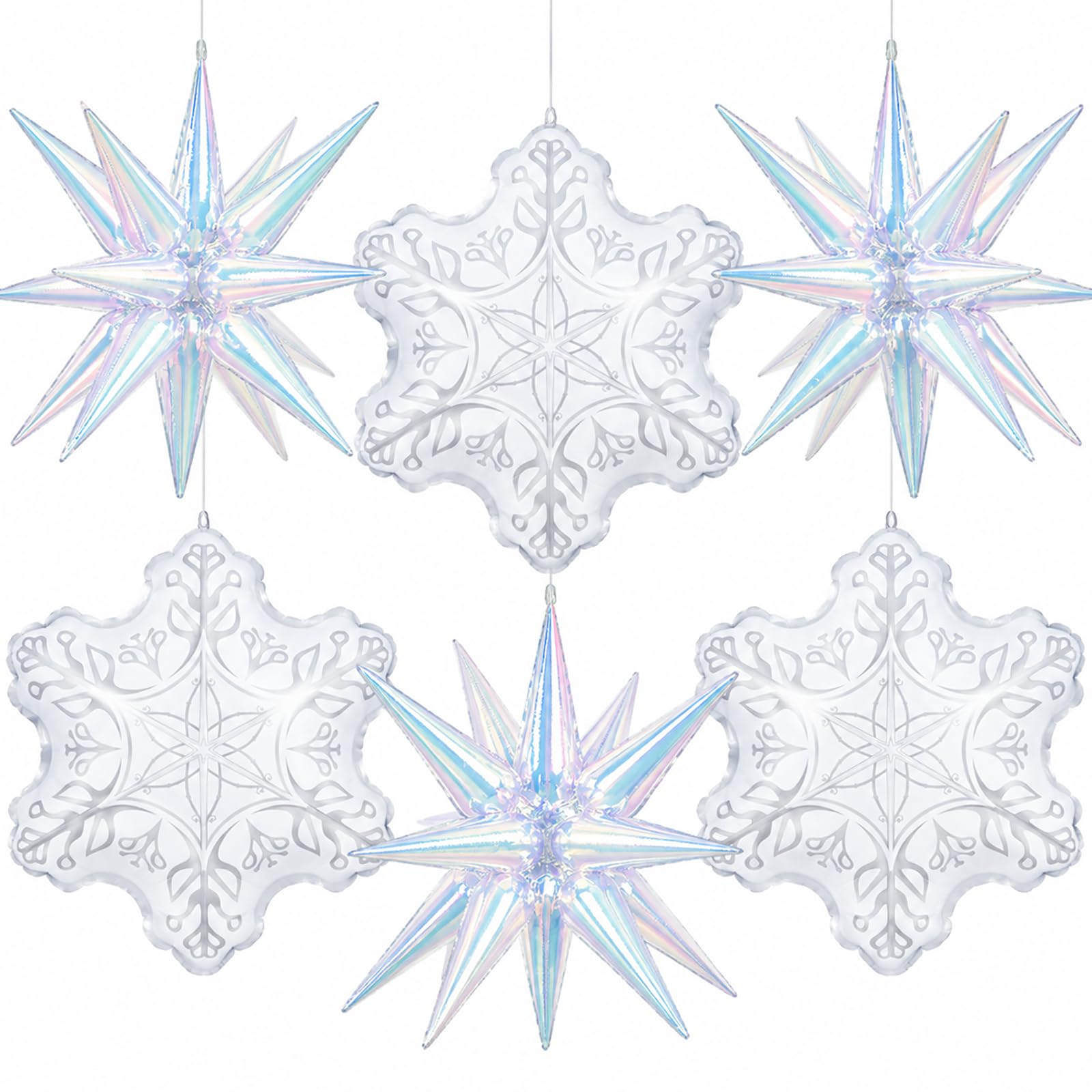 Snowflake Balloons White Iridescent Star Foil Balloon Winter Decorations โ image 1