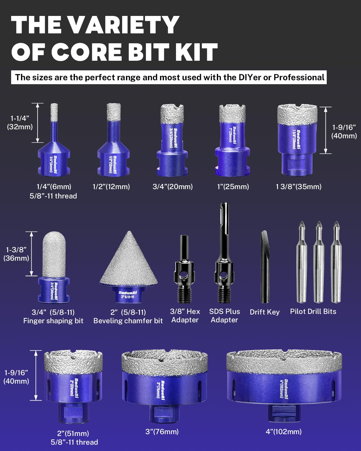 18 PCS Diamond Hole Saw Kit with Pilot Bit Adapter, 1/4"- 4" Thickened Core Drill Bit Set, Includes Tile Shaping Cone & Wide Diamond Saw Blade, for Porcelain, Ceramic, Granite, Marble, Stone
