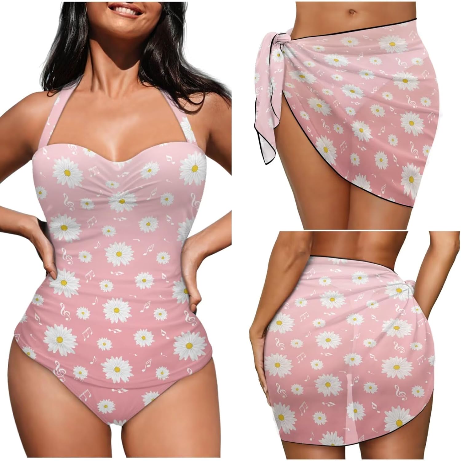 Women's Tummy Control Swimsuit Set: One Piece Bathing Suit, Breathable Chiffon Sarong Wrap for Summer Sports