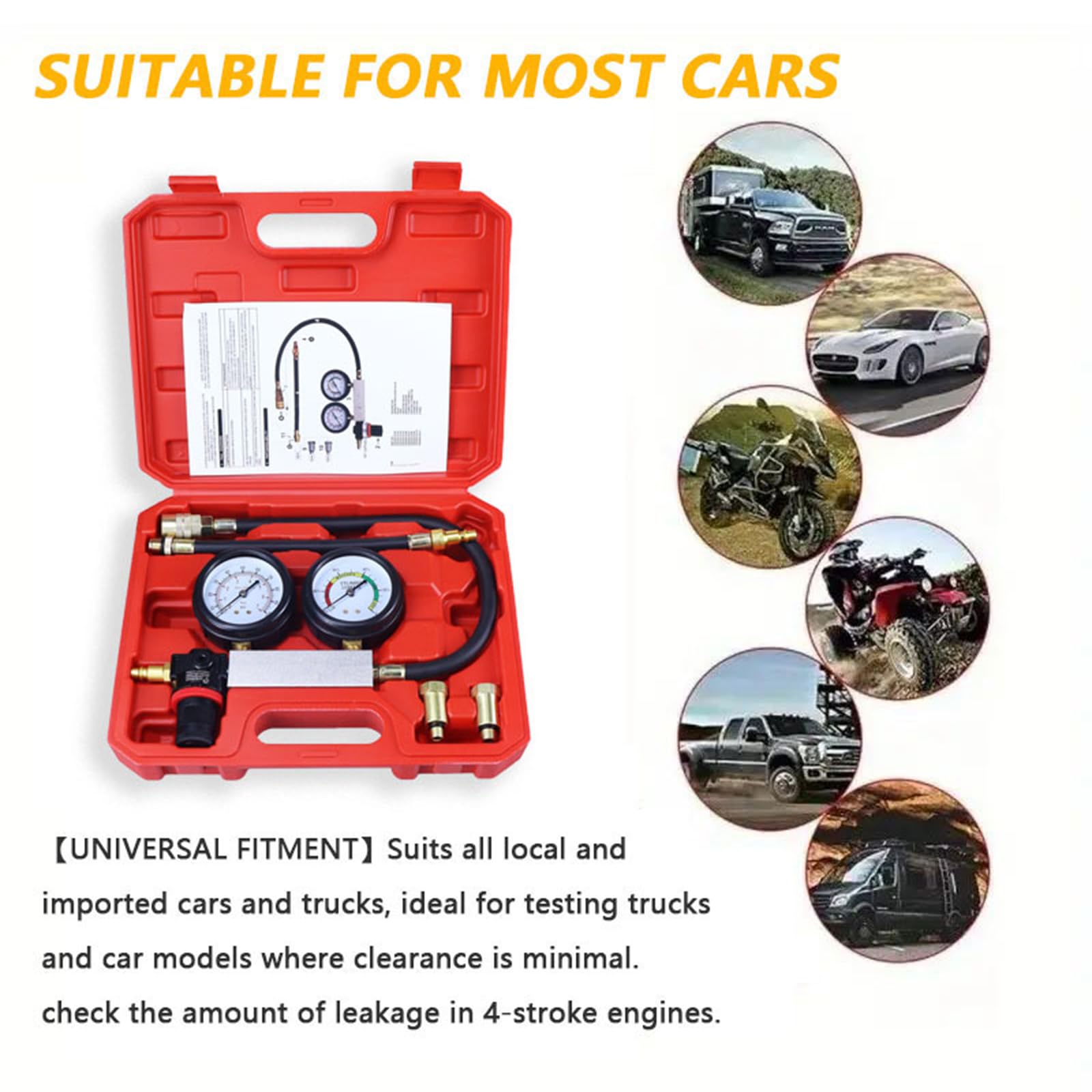 Medidor doble para probador de fugas de coche con maletín, herramienta de compresión de motor para coches, camiones, cilindros de coche