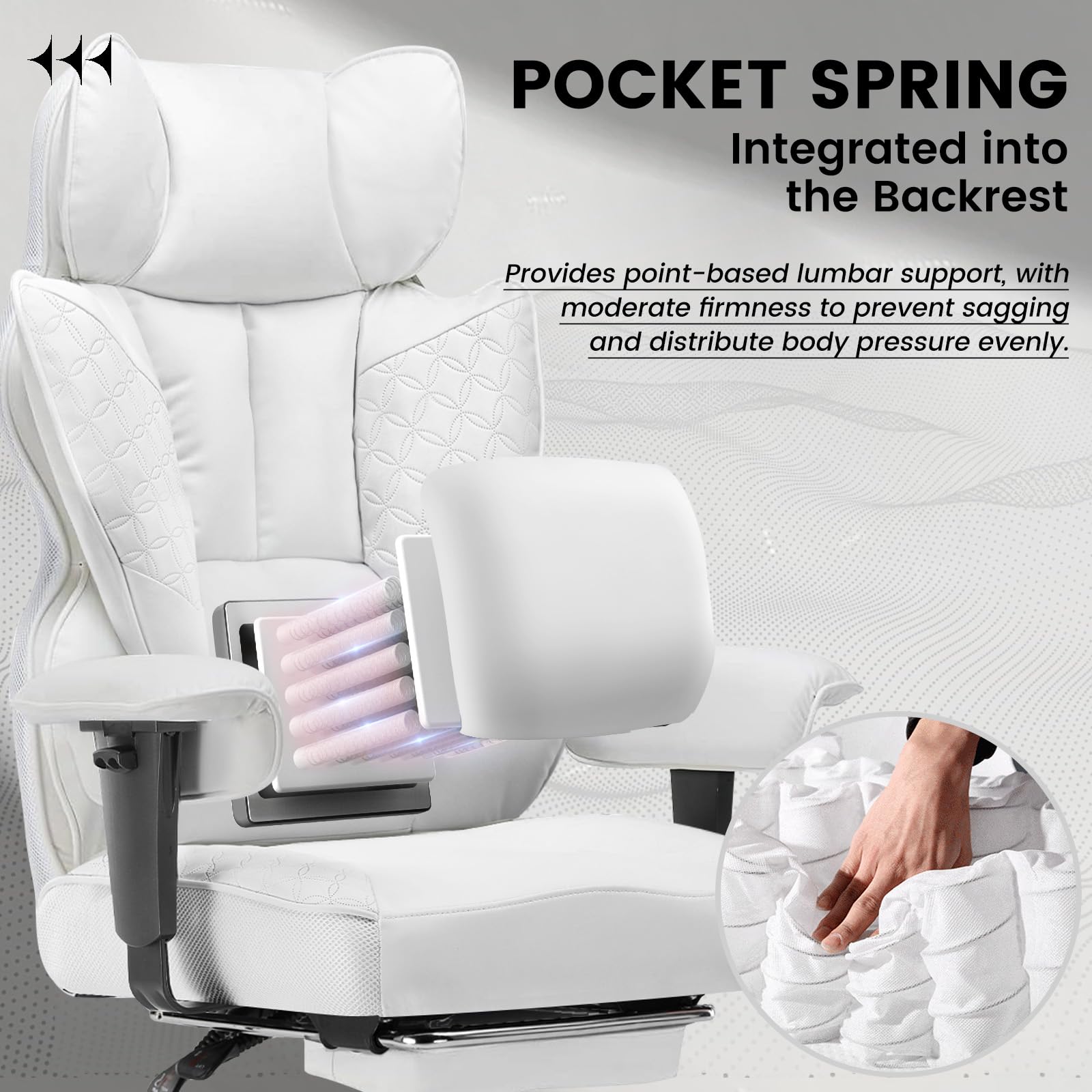 COMHOMA Silla Gaming Ergonómica, con apoyabrazos ajustables, soporte lumbar, muelles para personas altas, soporta 180 kg, asiento amplio, Blanca