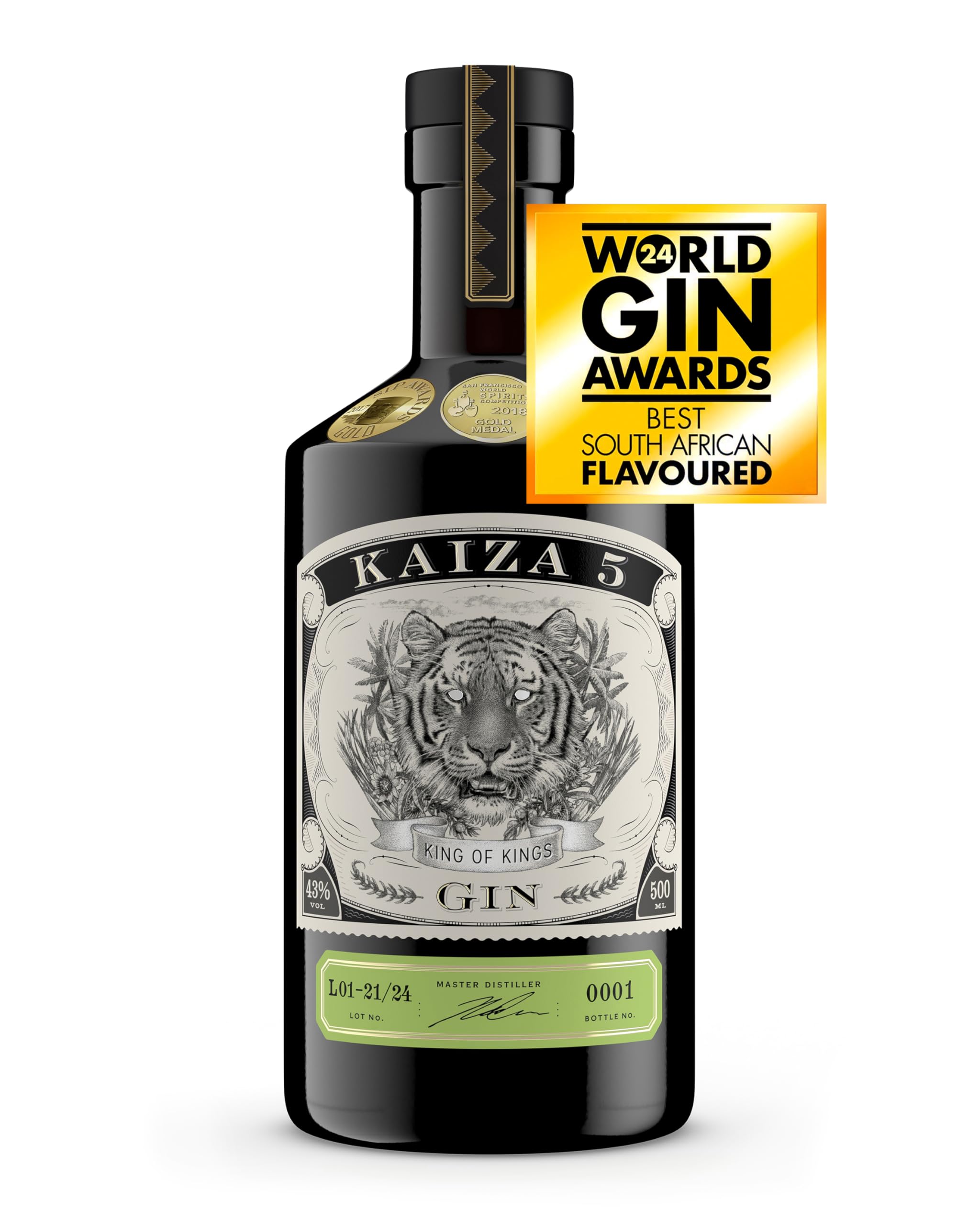 KAIZA 5 GIN - 0,5 l - 43% | Der ausgezeichnete Gin aus Südafrika/Kapstadt | Frisch, weich, exotisch mit schwarzer Johannisbeere und Grapefruit