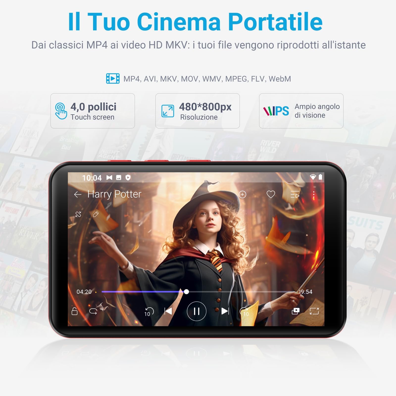 MECHEN Lettore MP3 da 96 GB, Bluetooth Spotify, lettore MP4 Android da 4,0 pollici, WLAN, modalità genitore, radio FM, compatibile con audiolo, Amazon Music, Deezer (rosso)