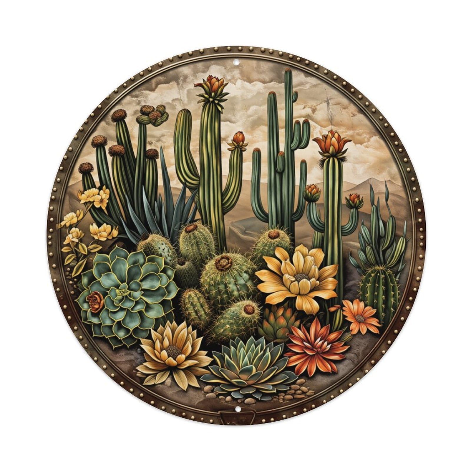 Desert Cactus Floral Pattern Art Round Tin Sign Vintage Metal Poster, Home Bar Garage Man Cave Cafe Indoor & Outdoor Wall Decoration 8x8Inches