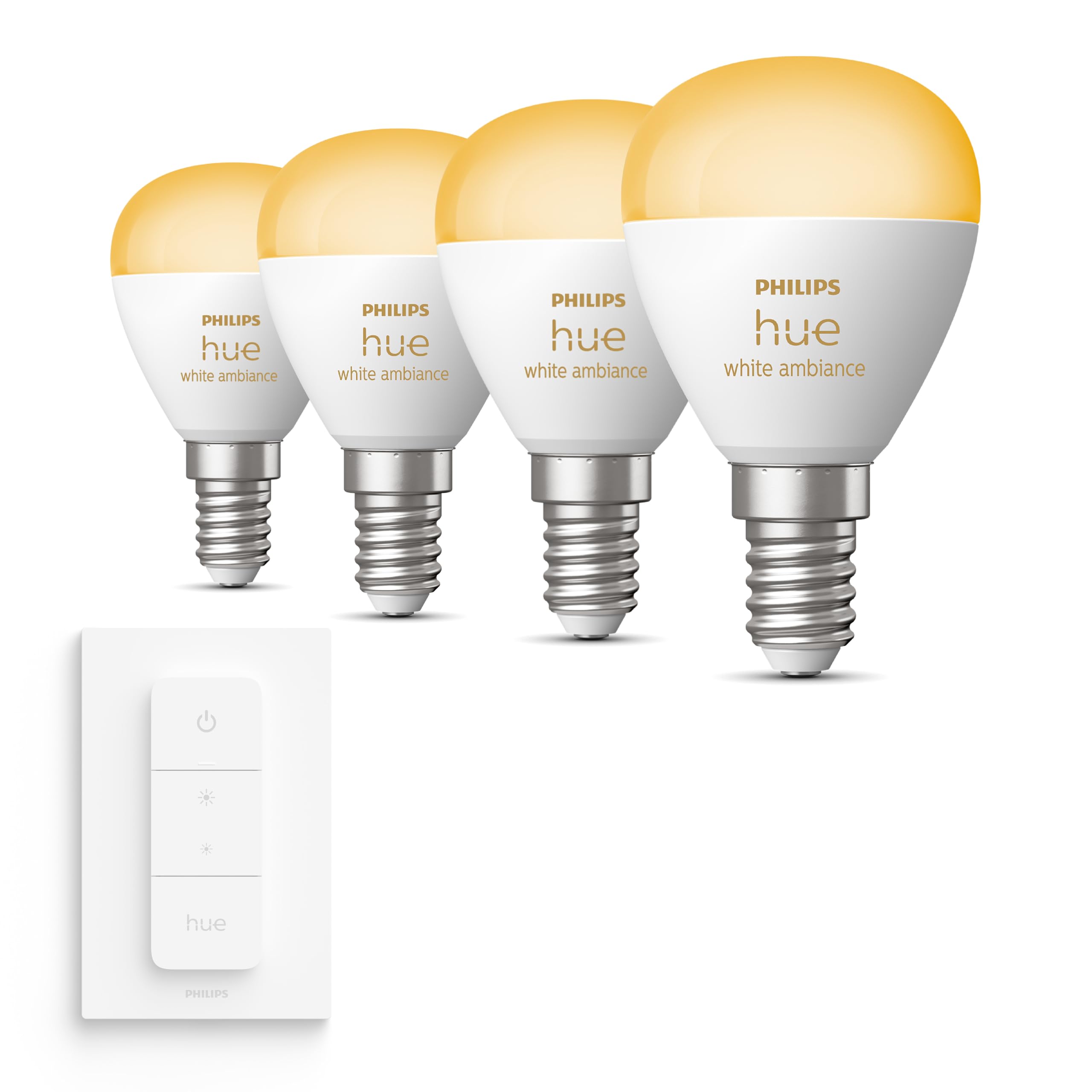 Philips Hue - 4 Bombillas Esféricas E14 Blanco cálido/frío | Incluye Hue Dimmer Switch - Hue White Ambiance