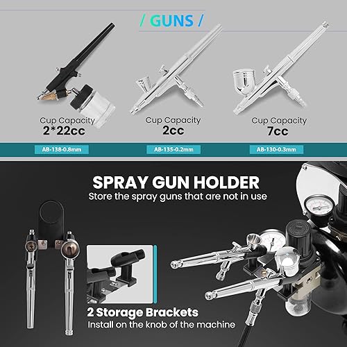 Miniatura 3 de VIVOHOME Airbrush Kit with Professional Air Compressor with 3L Tank, Quiet Airbrushing Paint System with 3 Dual Action Air Brush Gun, Gravity and