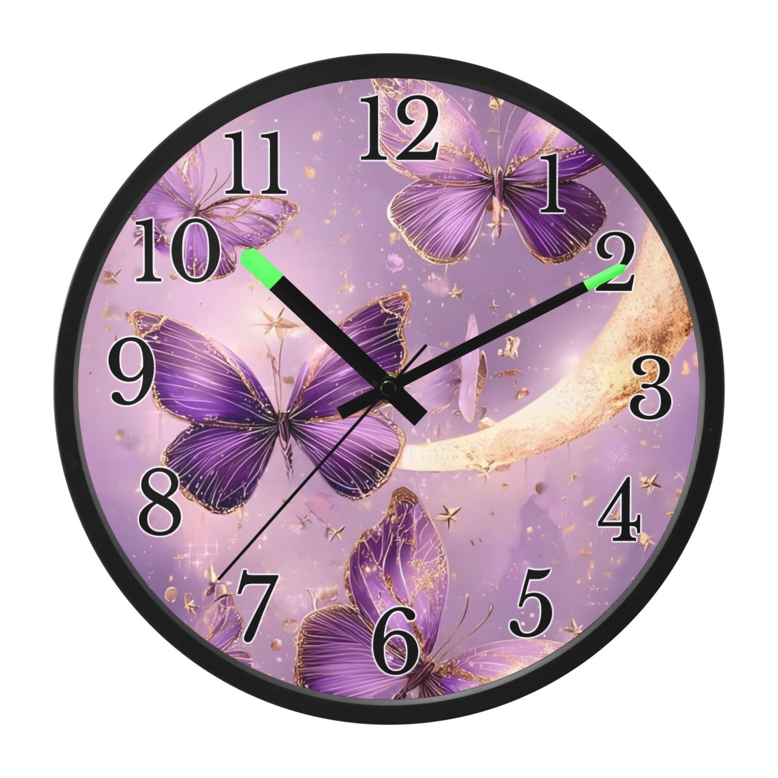 Mnsruu Reloj de pared luminoso con diseño de mariposa morada, luna, mariposas, reloj de pared que brilla en la oscuridad, funciona con pilas, silencioso, sin tictac, luz nocturna para dormitorio