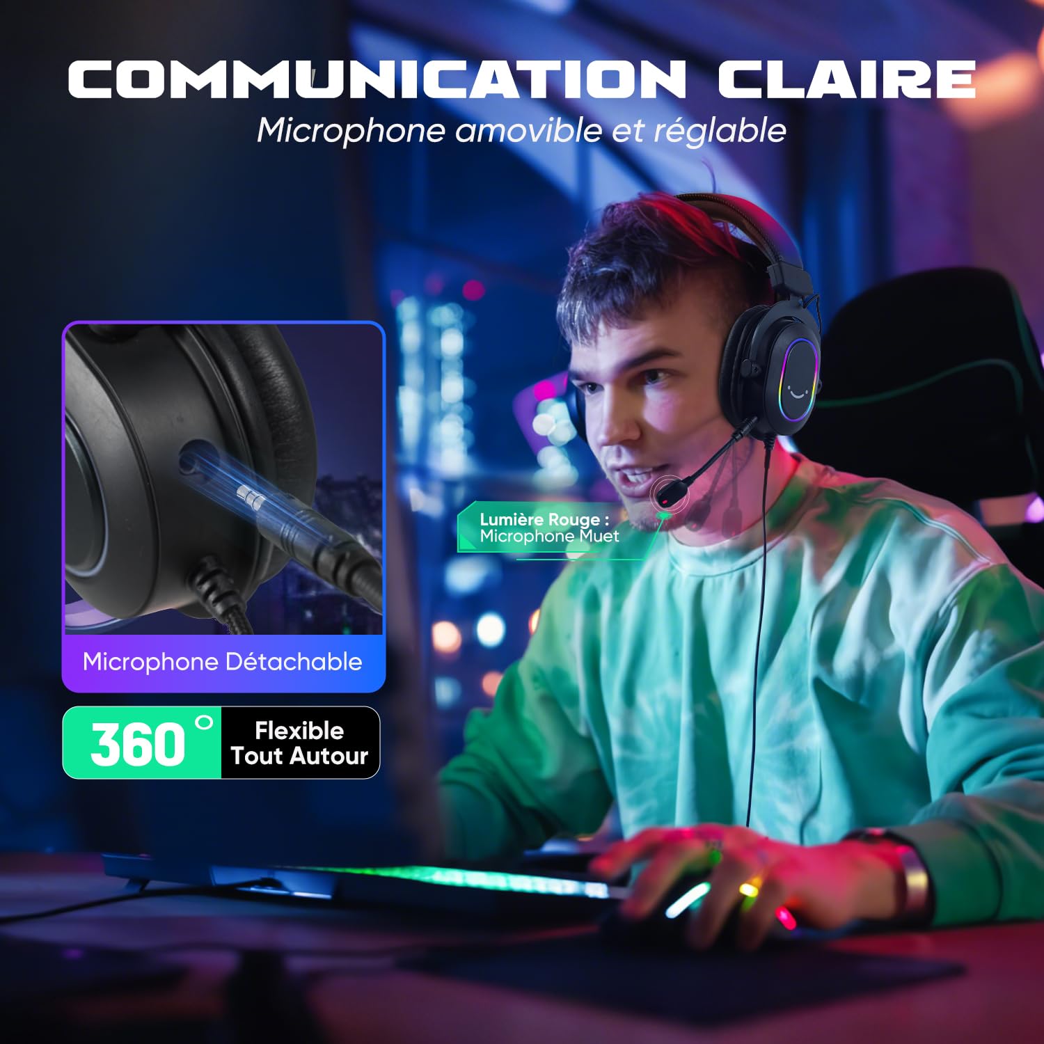 FIFINE Casque Gamer PC, Casque Gaming avec Micro pour PS4 PS5, Son Surround 7.1 USB Casque Fil Gaming avec 3 Mode EQ, RGB, Coussinets Souples - H6