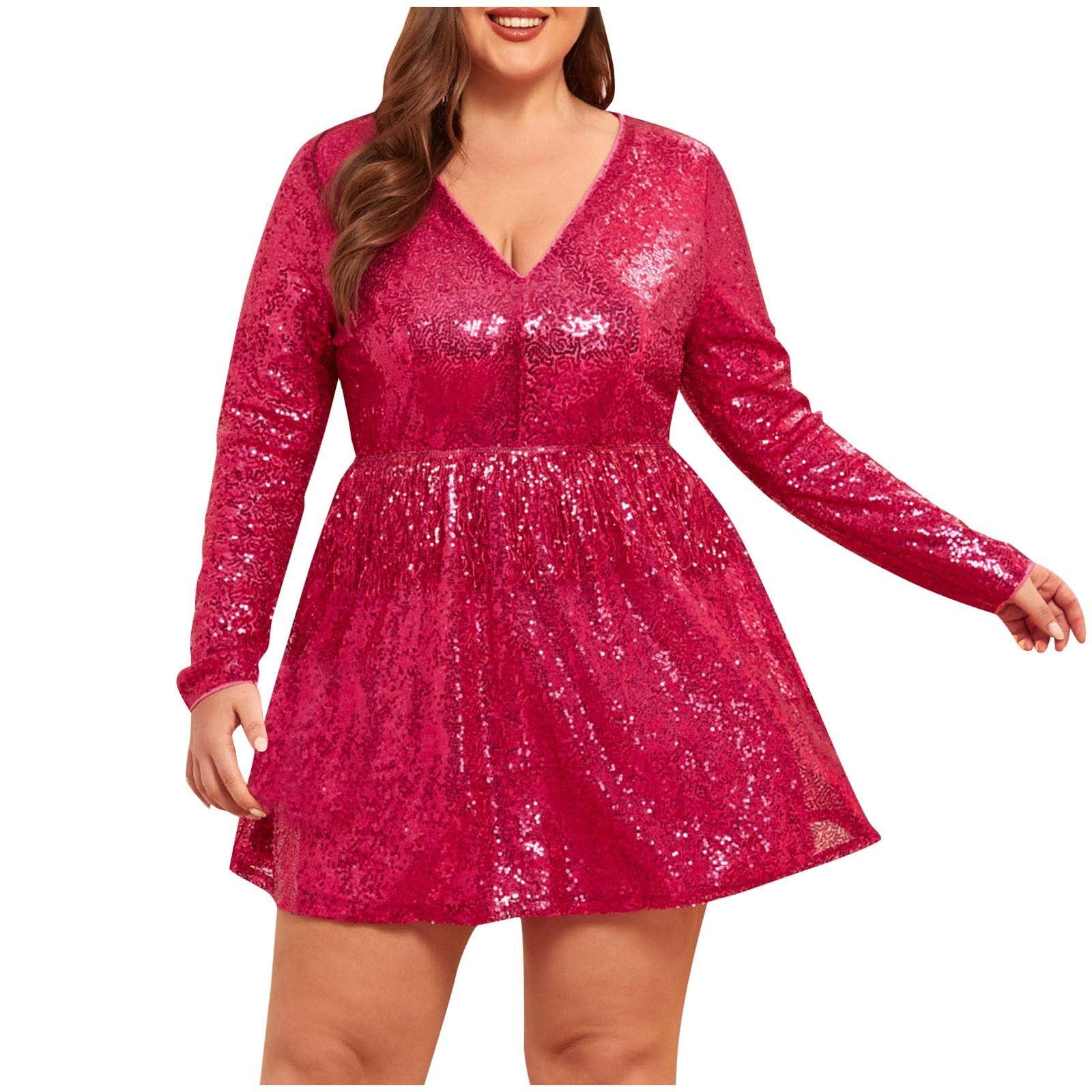 HAOLEI Abito da Donna con Paillettes Taglie Forti Mini Vestiti Maniche Lunghe Donna in Pizzo Abito a Vita Alta Abiti in Paillettes Abiti a Maniches-Lunghes Vestito da Cerimonia Donna Formale