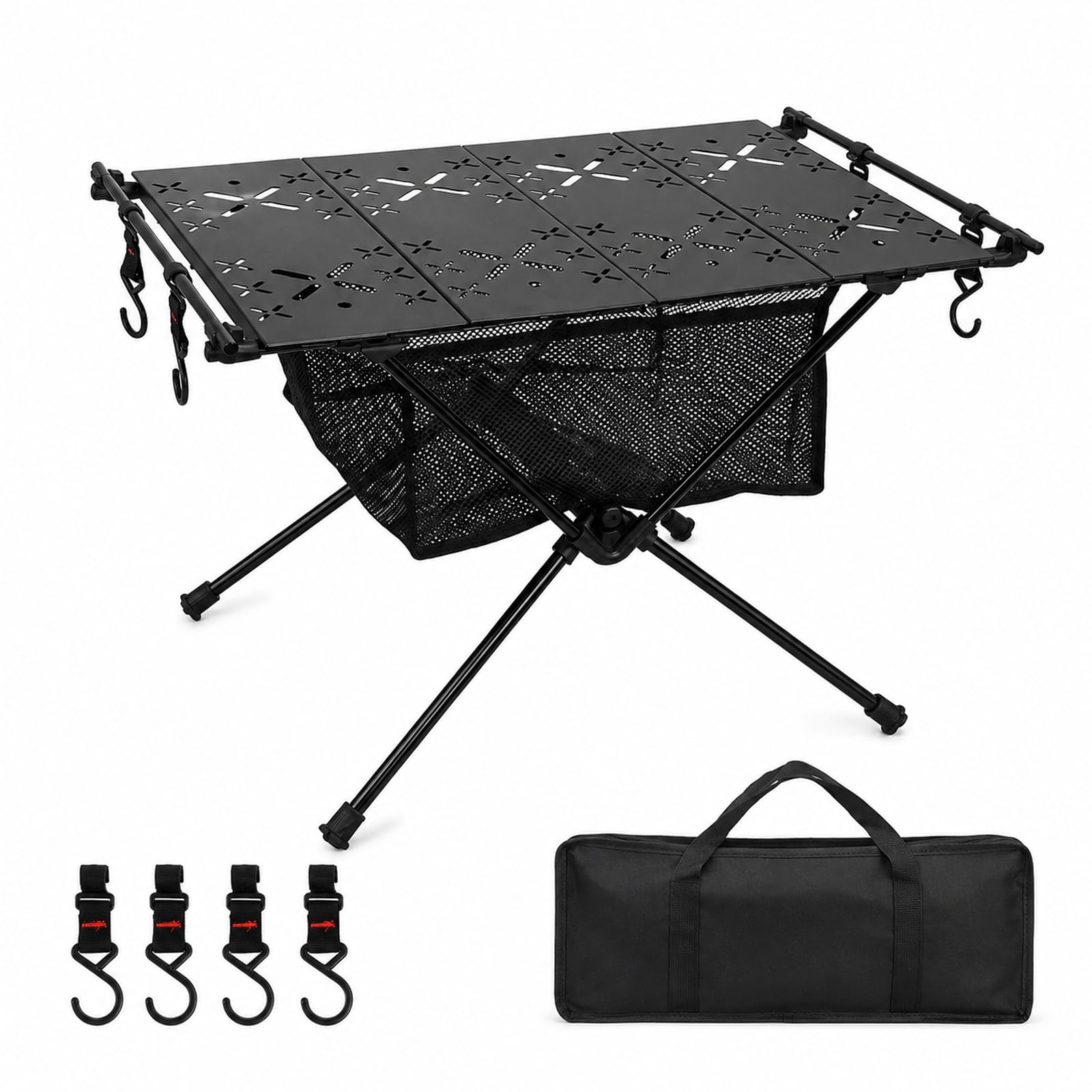 GOOGO Tavolo pieghevole da campeggio con piano in alluminio e ripiano in rete, tavolino ultraleggero per picnic, pesca e cucina all’aperto, 59 x 40 x 38 cm (nero)