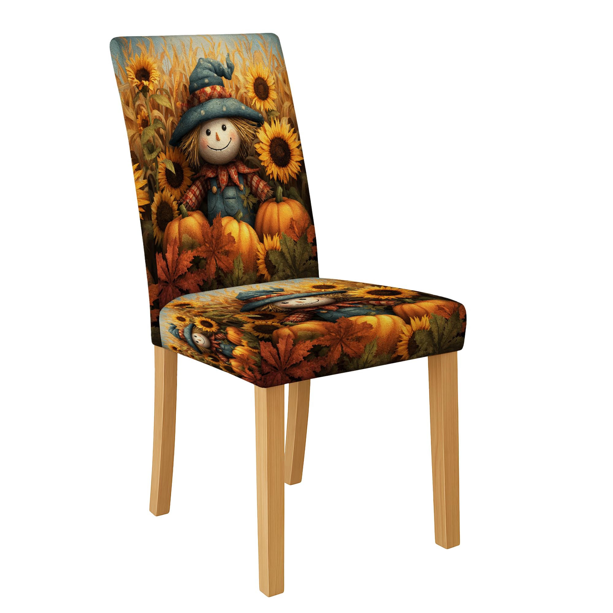 Harvest Scarecrow Chair Covers for Dining Chairs, Removable & Washable Spandex Seat Protectors, Seasonal Decorative Chair Covers for Autumn Kitchen 1PCS
