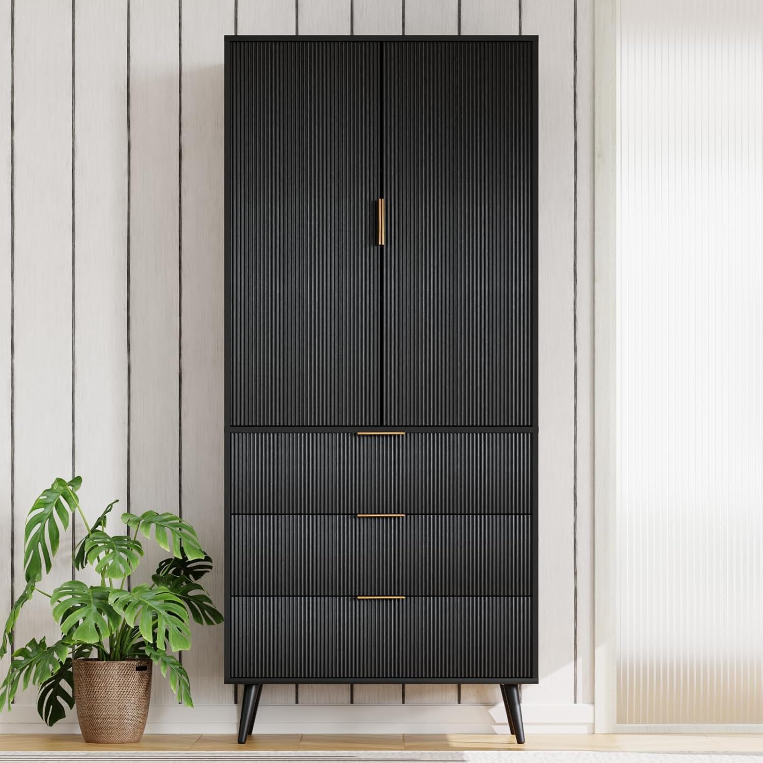 Tall Storage Cabinet, Kitchen Pantry Cabinet with Adjustable Shelves & Fluted Panel Design, Wood Cupboard with 3 Drawers 2 Doors, Tall Home Cupboard for Living Room, Kitchen, Walnut