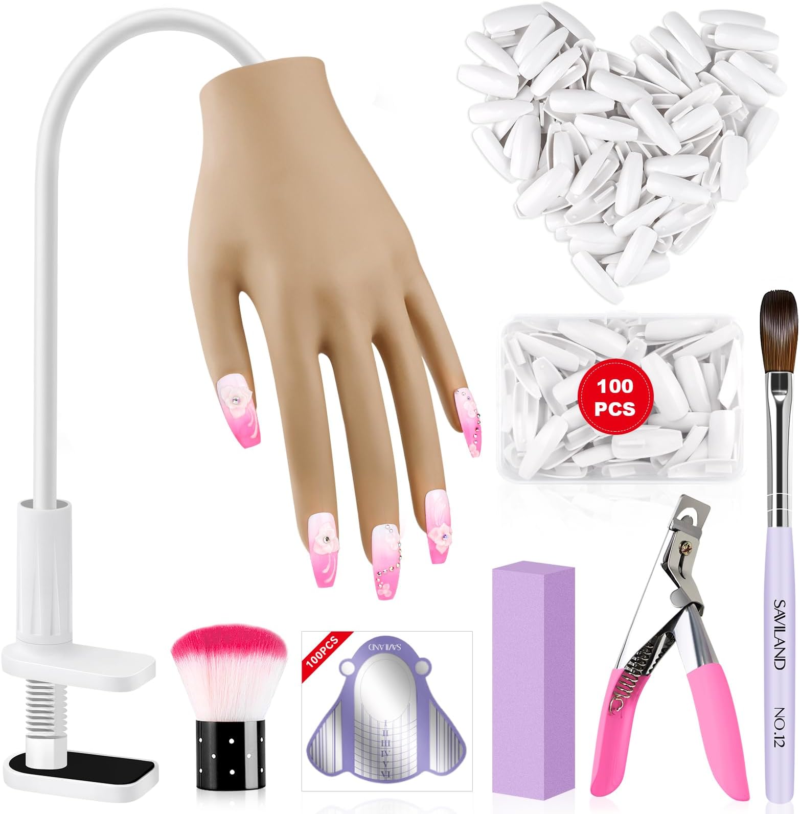Saviland Silicone Practice Hand for Acrylic Nails, Upgraded Flexible Moveable Fake Hands with No Breaking or Falling, Manicure Training Hand Nail Kit with 100PCS Nails Tips Home Salon Holiday Gift