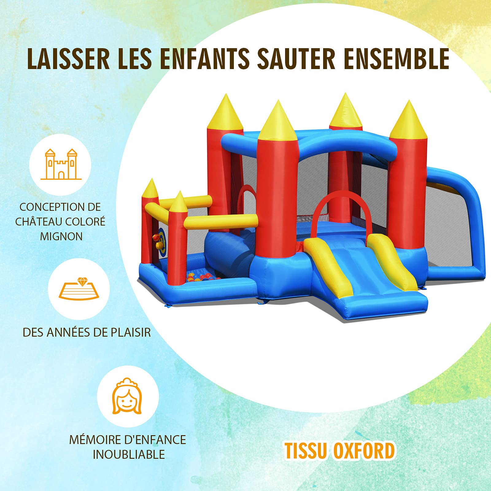 COSTWAY Château Gonflable avec Toboggan et Souffleur, Aire de Jeux Gonflable avec Maison de Saut et Piscine, But de Football, 60 Boules, Intérieur Extérieur, Charge 90kg pour 3-10 Ans