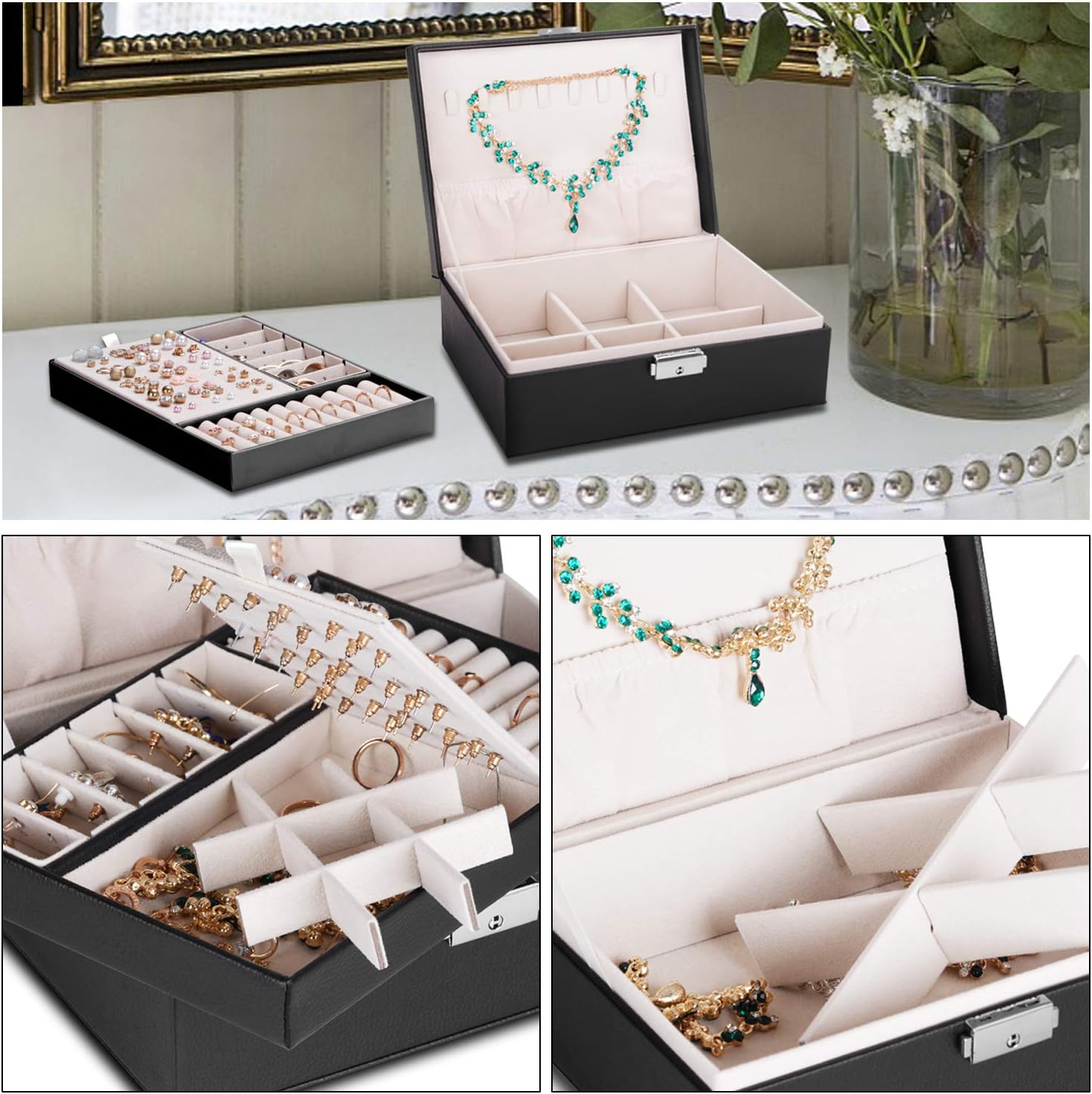 LAIHO Jewelry Organizer Box, Jewelry Boxes for Women PU Leather, Two Layer Jewelry Storage Holder with 74 Stud Hole and Lock, Jewelry Holder for Earring Ring Necklace Gifts for Girls, Ladies' Birthdays Valentine’s(Black): Home Improvement
