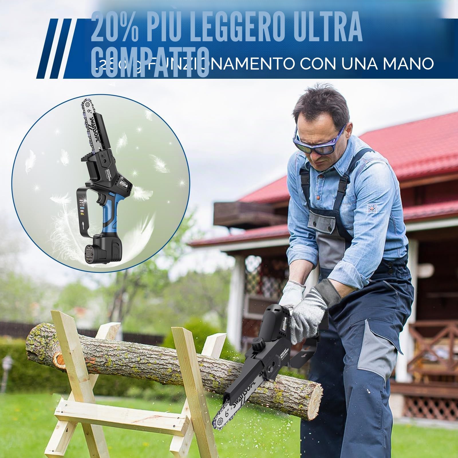 SWANSOFT Mini Motosierra a Batteria Professionale (CS-1S BLUE)