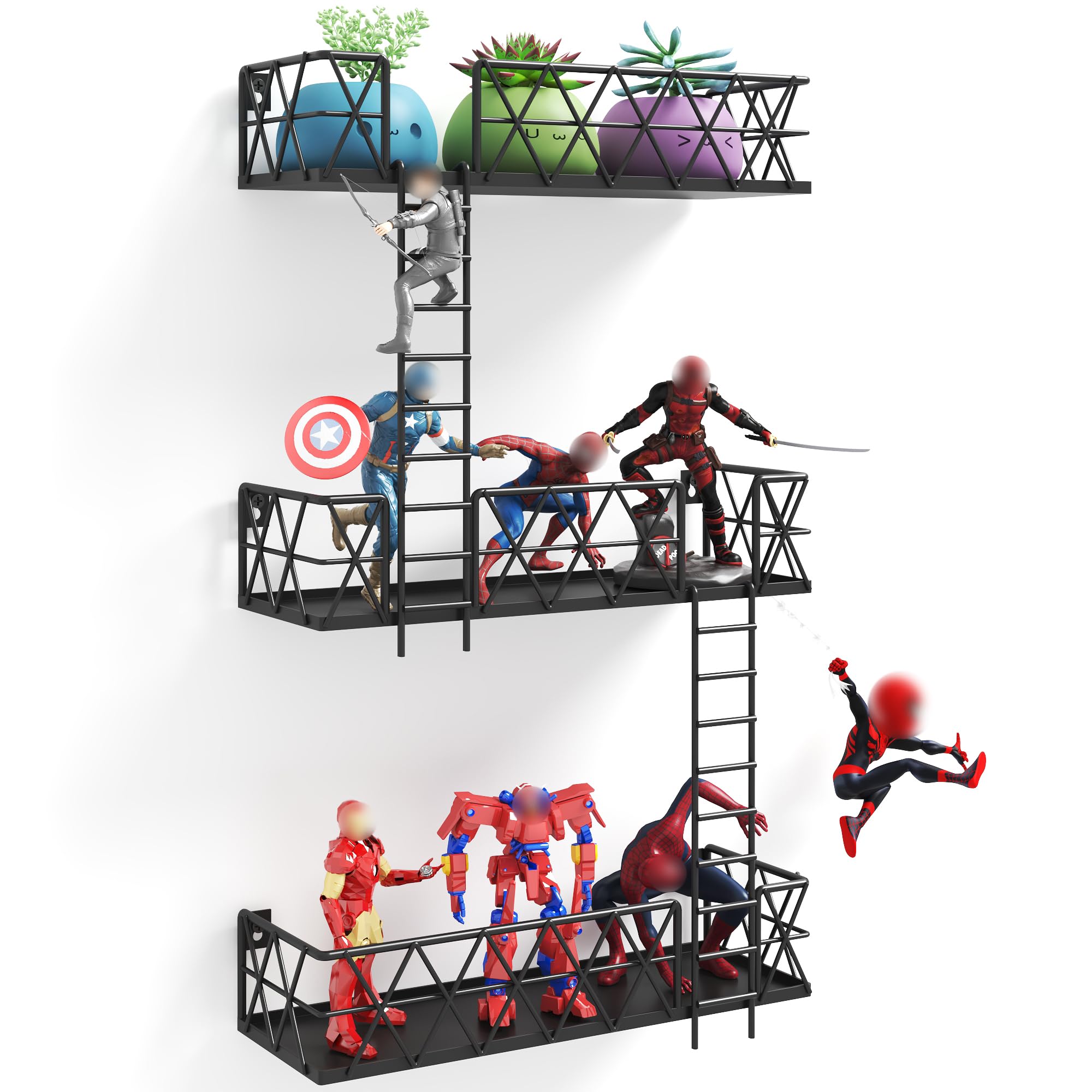 LUDOUR Fire Escape Wall Shelf - 3 Tier Fire Escape Ladder Wall Shelf 16.5’’ Long, New York Metal Decorative Shelf for Action Figure Display, Black Floating Wall Shelves for Bedroom, Home Décor.