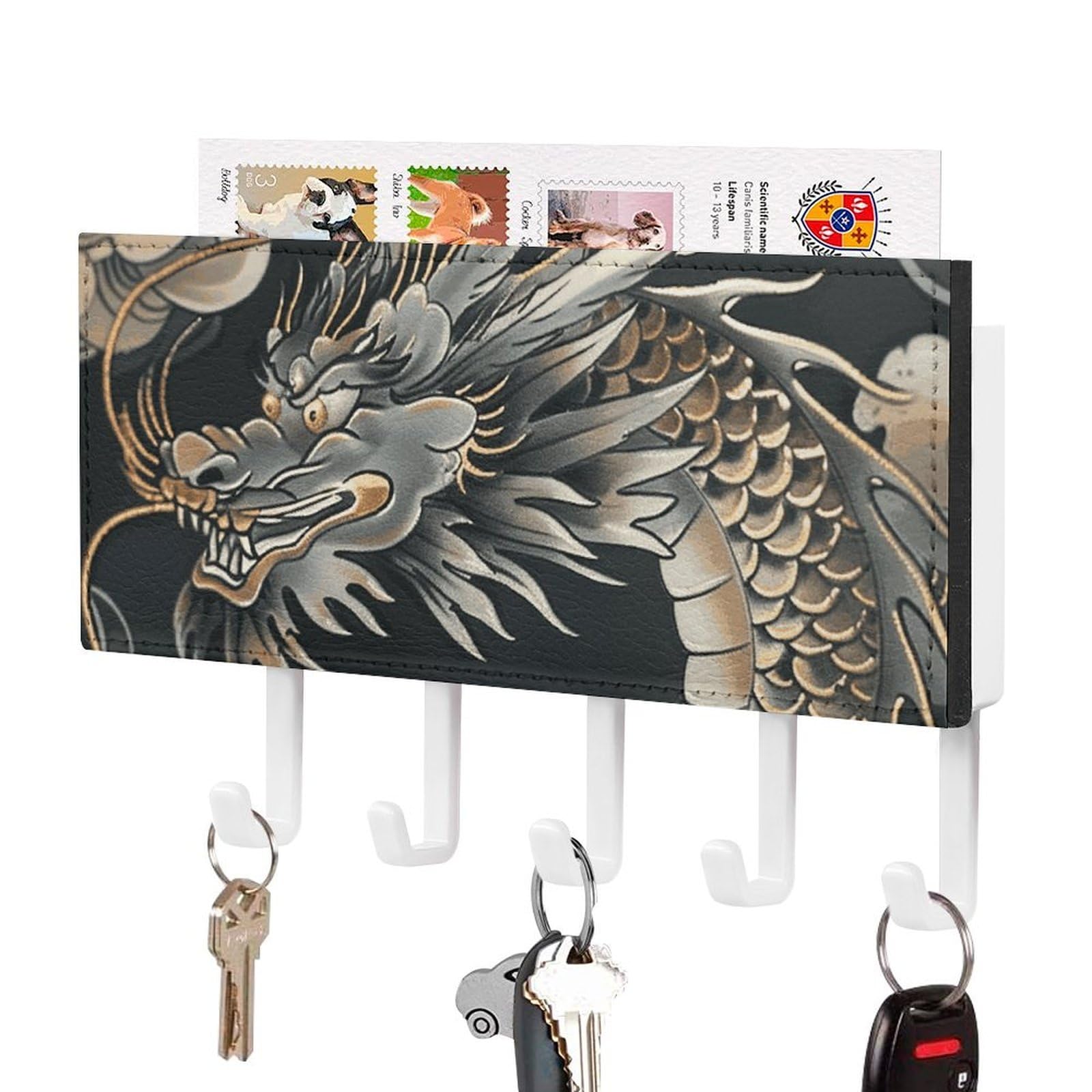 JTREHY Black Oriental Dragon Holder Wall-Mounted Key and Mail Holder,Key Rack with 5Keys Hooks, Easy to Install Mail Organizer for Entryway, Front Door, Hallway, Office