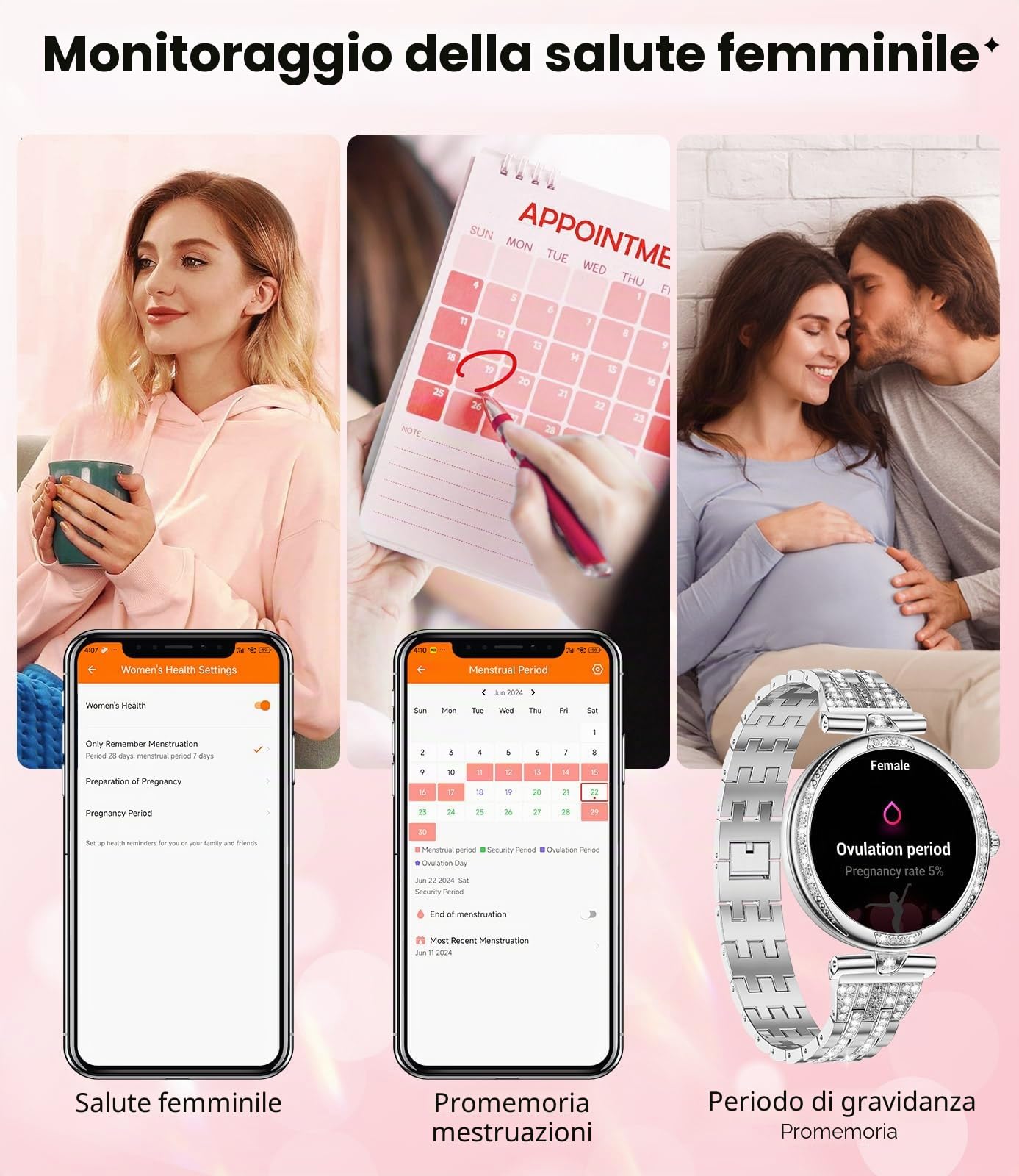 LIGE Smartwatch da donna Bluetooth chiamate per Android iOS 1.19" AMOLED Always-on Display Diamante Donna Smart Watch Piccolo Argento Acciaio Inossidabile Frequenza Cardiaca Monitor,100+ Sport Fitness